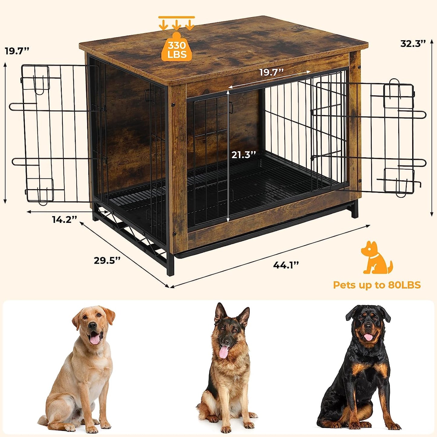 pirecart 29.1''/38.6"/44.1" Dog Crate Furniture Dog Kennel with Double Doors, Heavy-Duty Dog Cage with Pull-Out Removable Tray