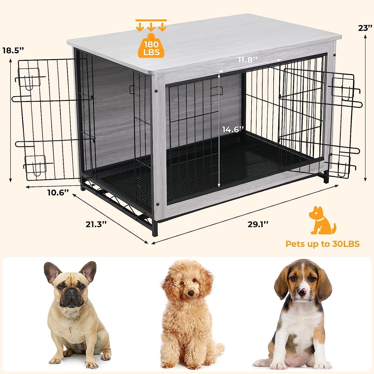 pirecart 29.1''/38.6"/44.1" Dog Crate Furniture Dog Kennel with Double Doors, Heavy-Duty Dog Cage with Pull-Out Removable Tray