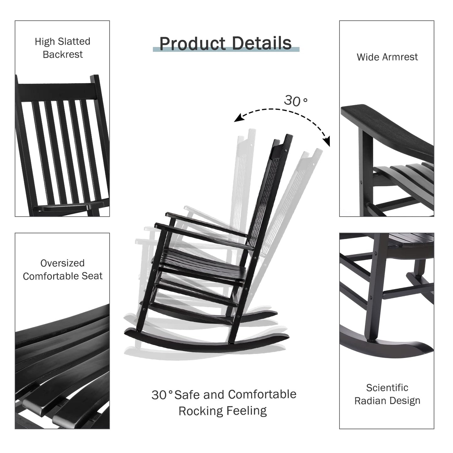 pirecart Wooden Rocking Chair Outdoor with High Back,Indoor, Oversized, Easy to Assemble for Garden,Lawn, Balcony, Backyard,Porch,Wooden Porch Rocker