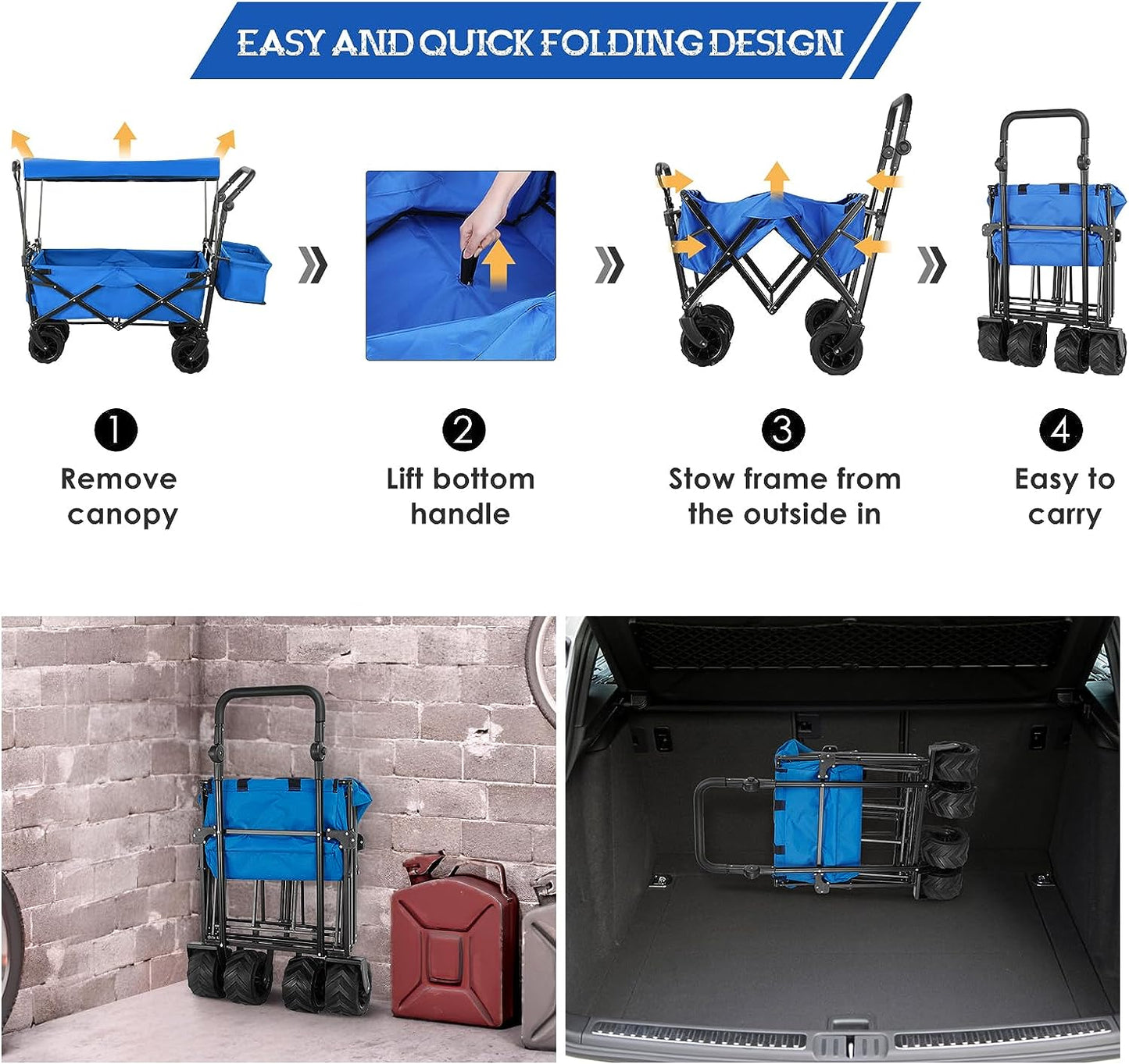 pirecart Collapsible Beach Wagon Cart with Removable Canopy, 250lbs