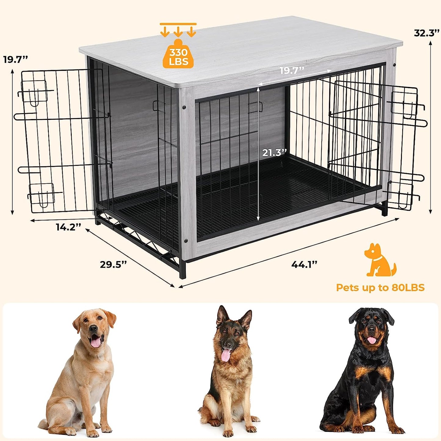 pirecart 29.1''/38.6"/44.1" Dog Crate Furniture Dog Kennel with Double Doors, Heavy-Duty Dog Cage with Pull-Out Removable Tray