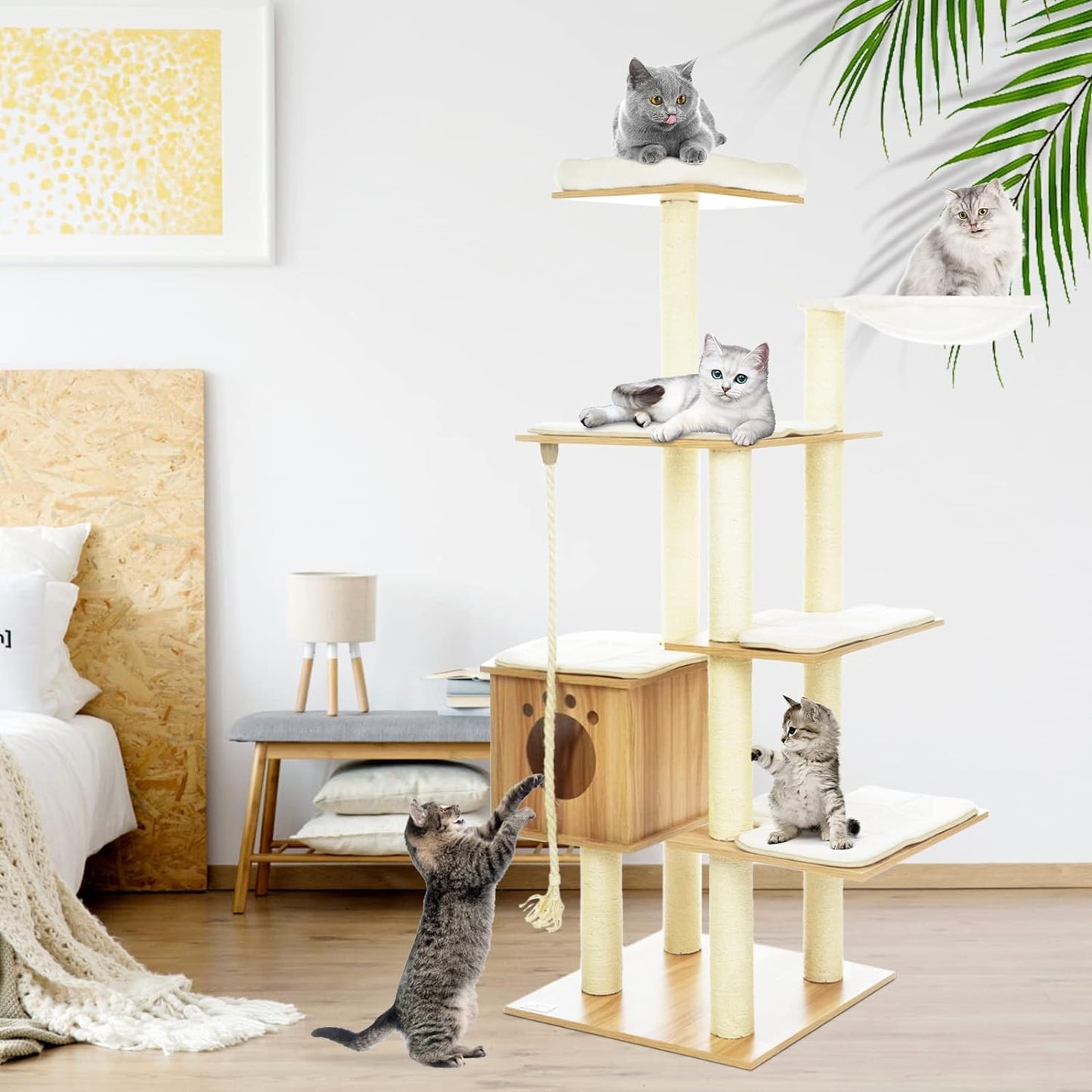 pirecart 69in Cat Tree Tower Wood Multi-Level Cat Climbing Stand with Sisal Scratching Post