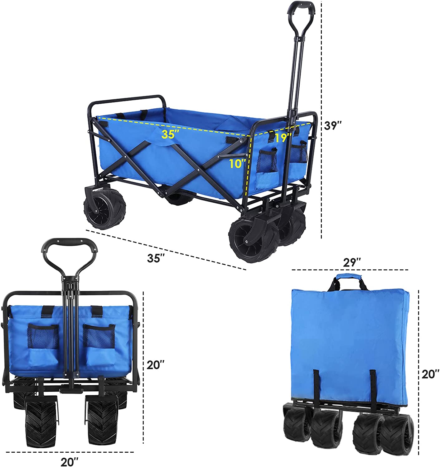 pirecart Heavy Duty Collapsible Wagon, Outdoor Foldable Beach Utility Cart w/ Big Wheels Large Capacity Folding Camping Grocery Cart