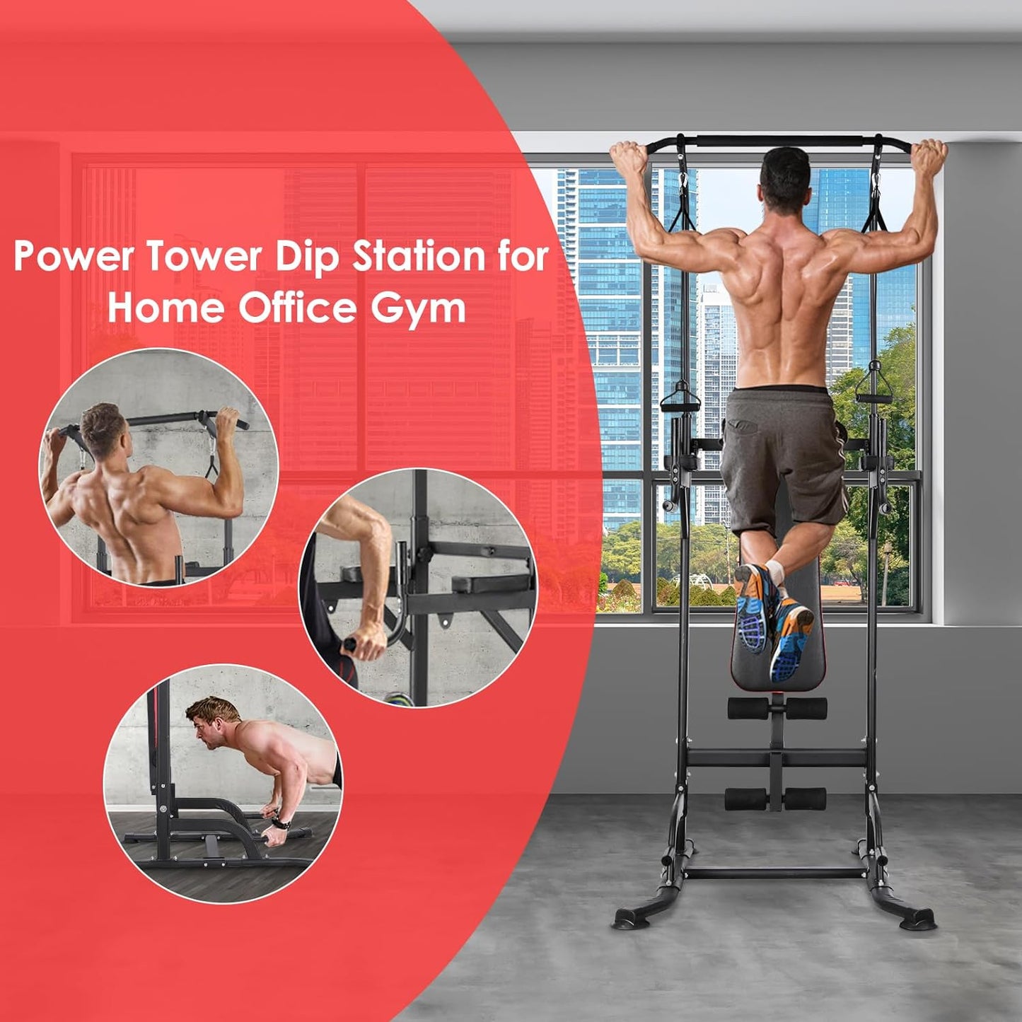 pirecart Power Tower with Bench, Pull Up Bar Stand Dip Station for Home Gym