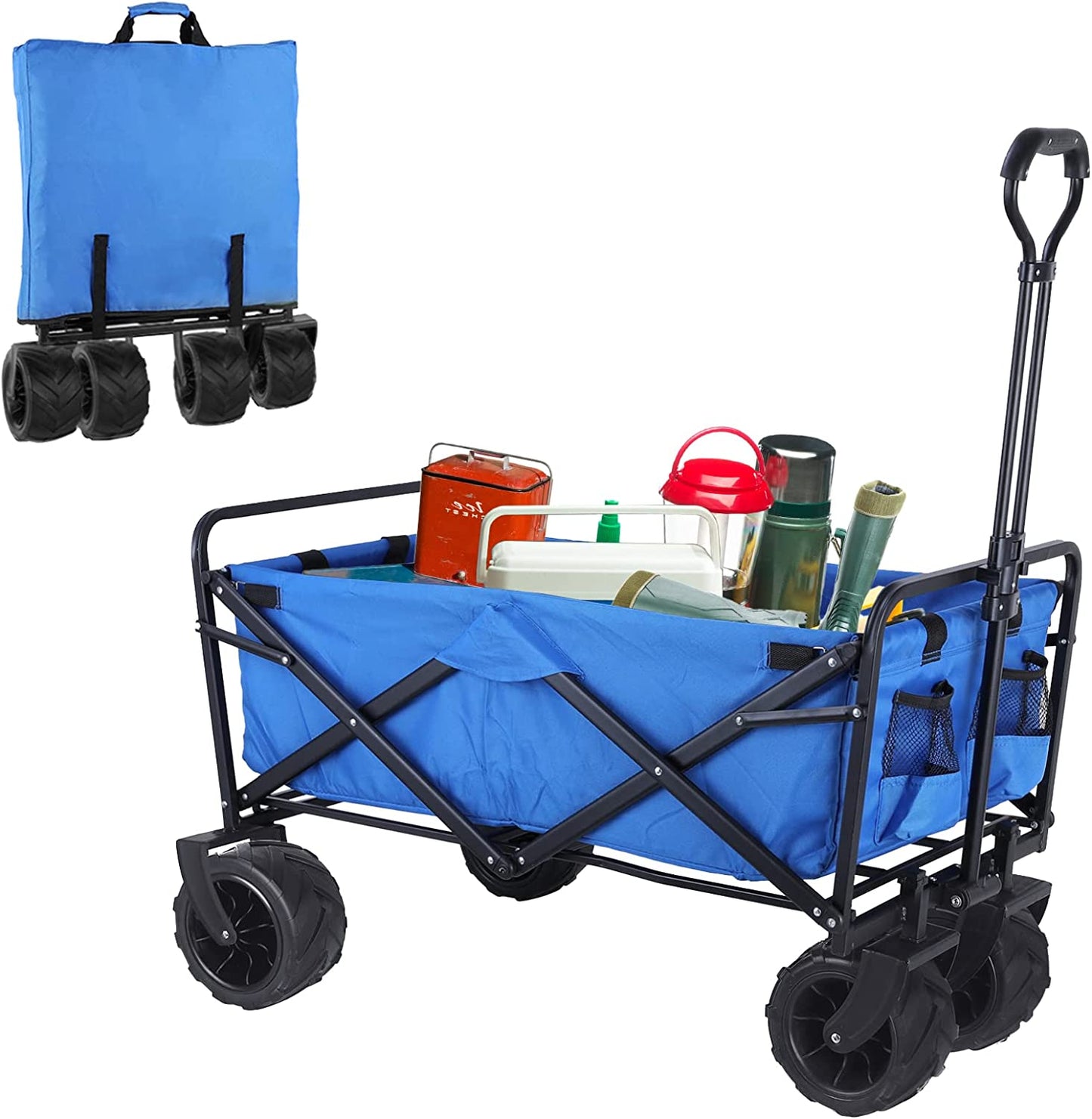 pirecart Heavy Duty Collapsible Wagon, Outdoor Foldable Beach Utility Cart w/ Big Wheels Large Capacity Folding Camping Grocery Cart