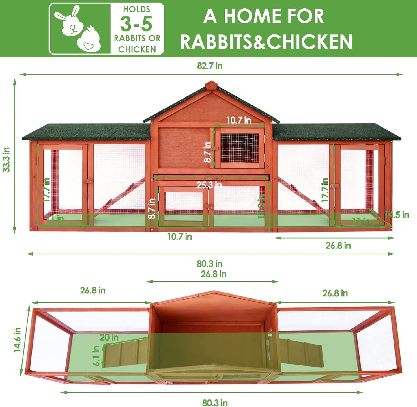 pirecart 83in Outdoor Rabbit Hutch Extra-Large Wooden Rabbit Cages Indoor Bunny Poultry