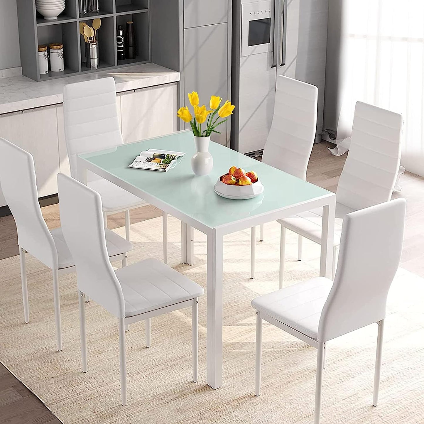 pirecart 7 Pieces Dining Table with 6 PU Leather Chairs with Glass Tabletop