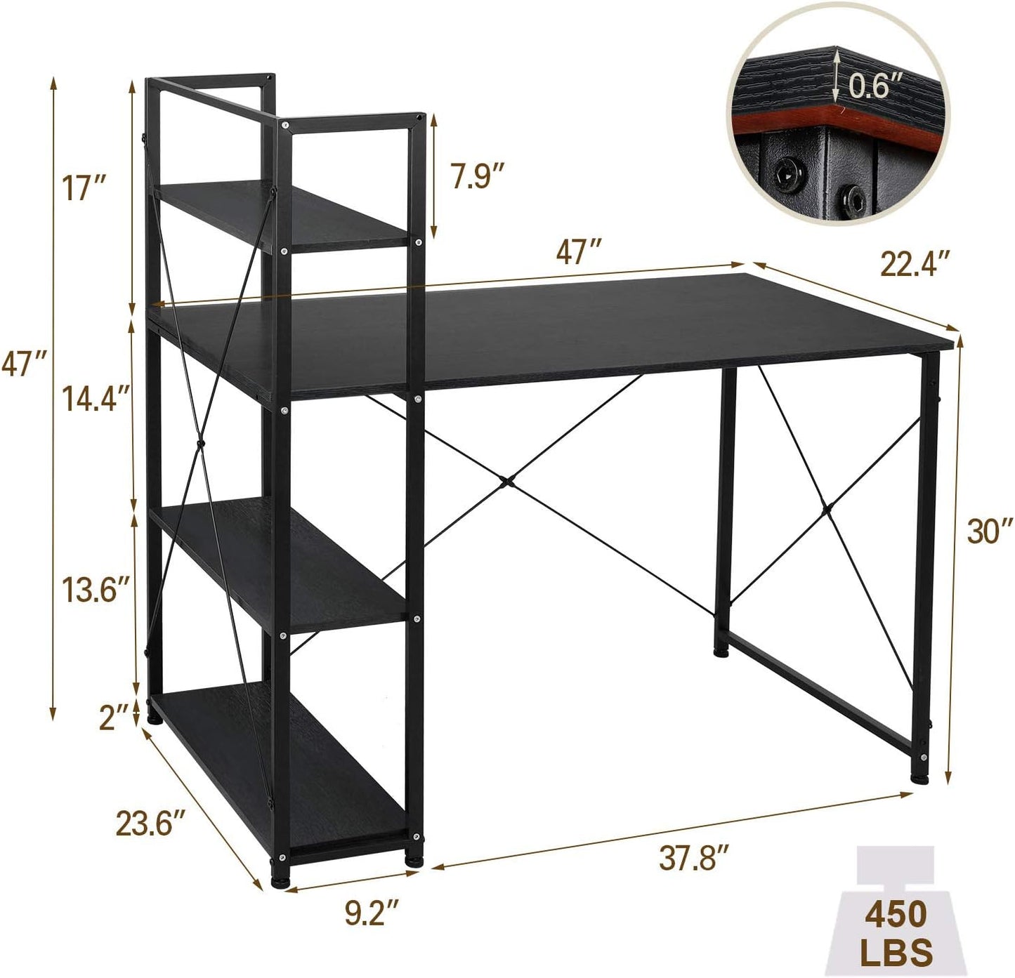 pirecart 47" Computer Desk Writing Laptop Table with Storage Shelves for Home Office