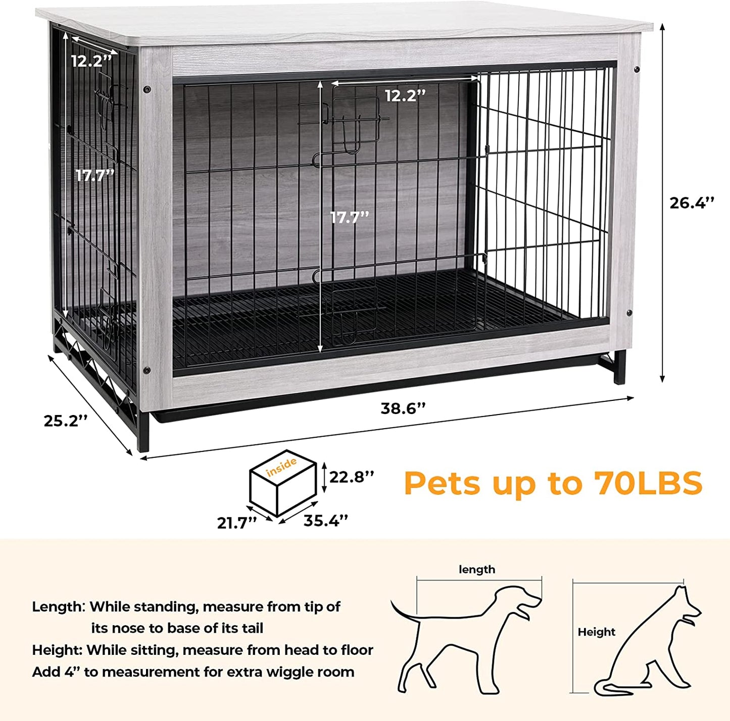 pirecart 29.1''/38.6"/44.1" Dog Crate Furniture Dog Kennel with Double Doors, Heavy-Duty Dog Cage with Pull-Out Removable Tray