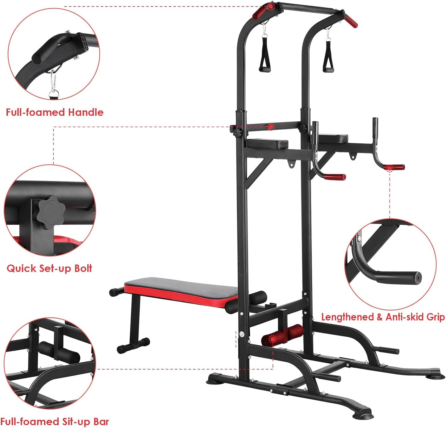 pirecart Power Tower with Bench, Pull Up Bar Stand Dip Station for Home Gym