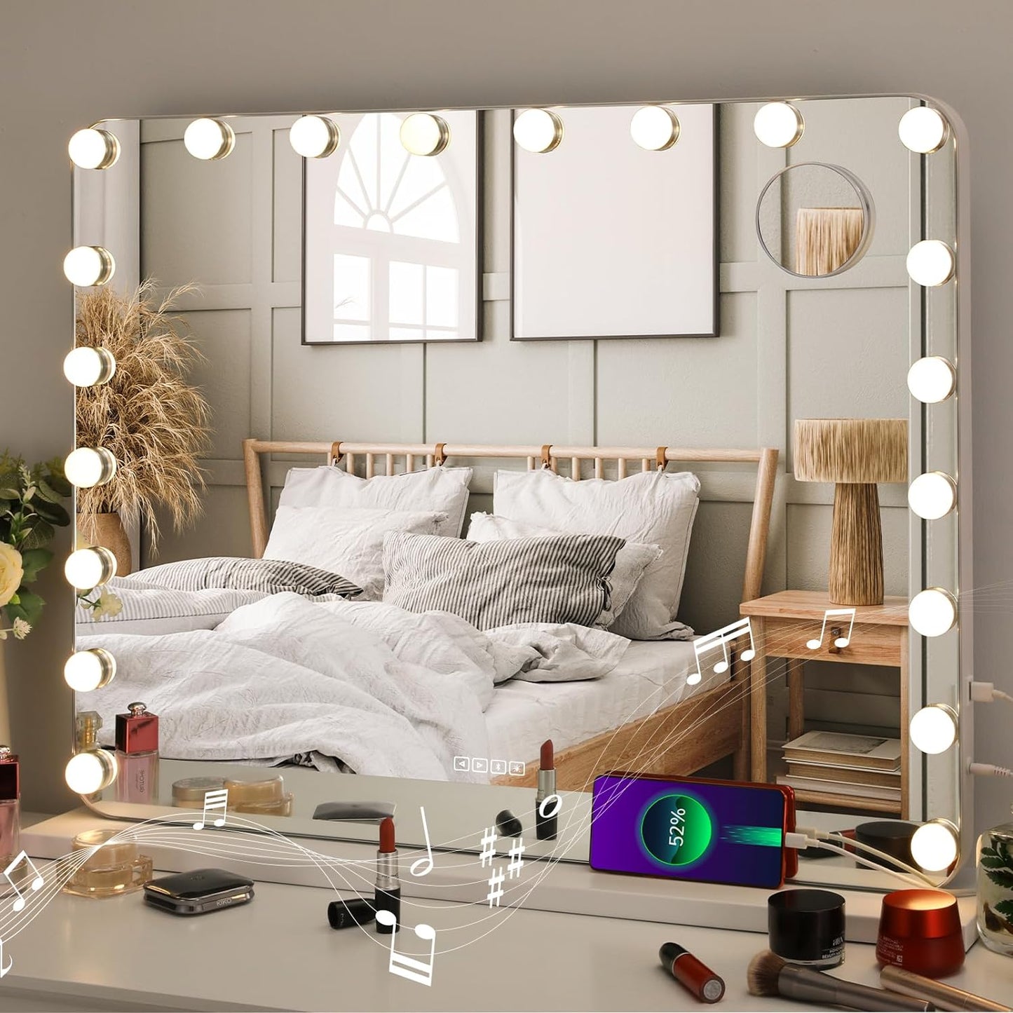 pirecart 24.4" x 32.6" Hollywood Vanity Mirror with 20 Dimmable Bulbs, 10X Magnification and USB Charging Port