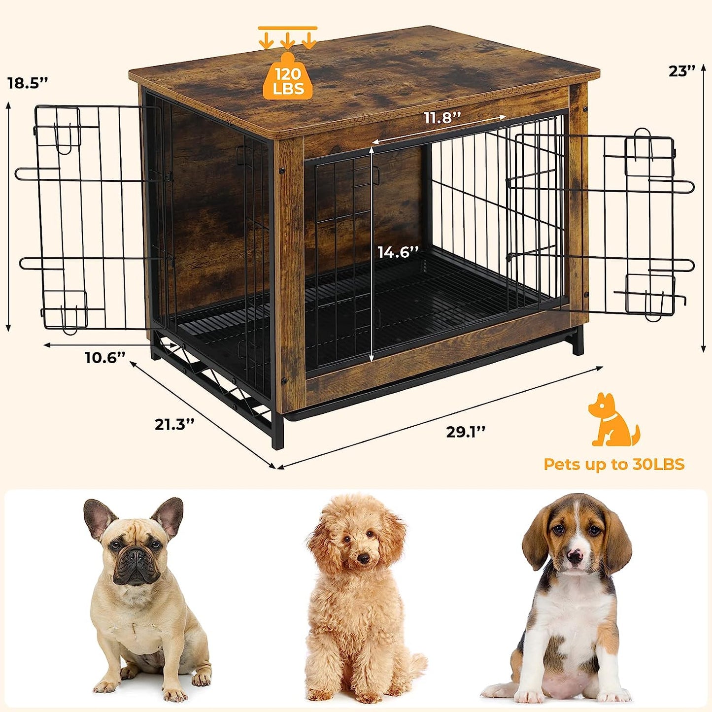 pirecart 29.1''/38.6"/44.1" Dog Crate Furniture Dog Kennel with Double Doors, Heavy-Duty Dog Cage with Pull-Out Removable Tray