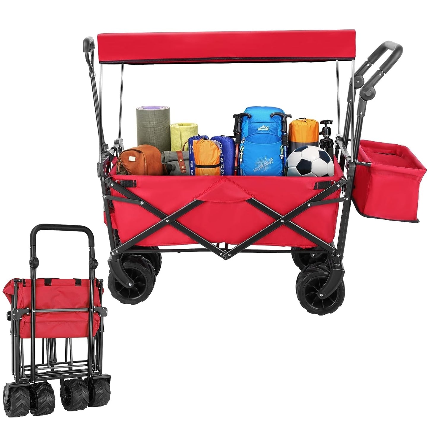 pirecart Collapsible Beach Wagon Cart with Removable Canopy for Garden Camping Grocery