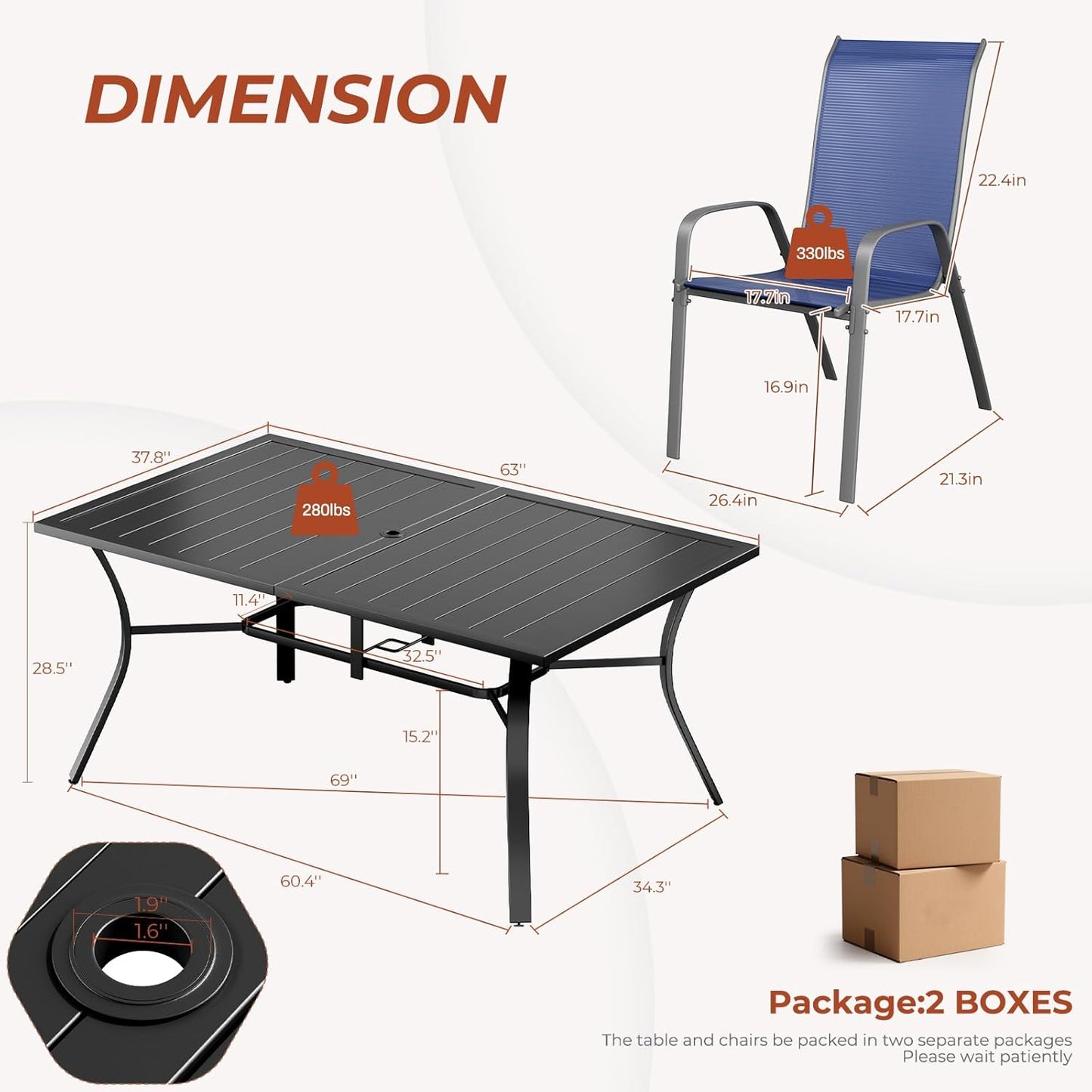 Pirecart 7Pcs Patio Dining Set, 63''x38'' Rectangular Metal Table with 6 Textilene Chairs, Outdoor Table and Chairs W/1.6" Adjustable Umbrella Hole & Foot Pads