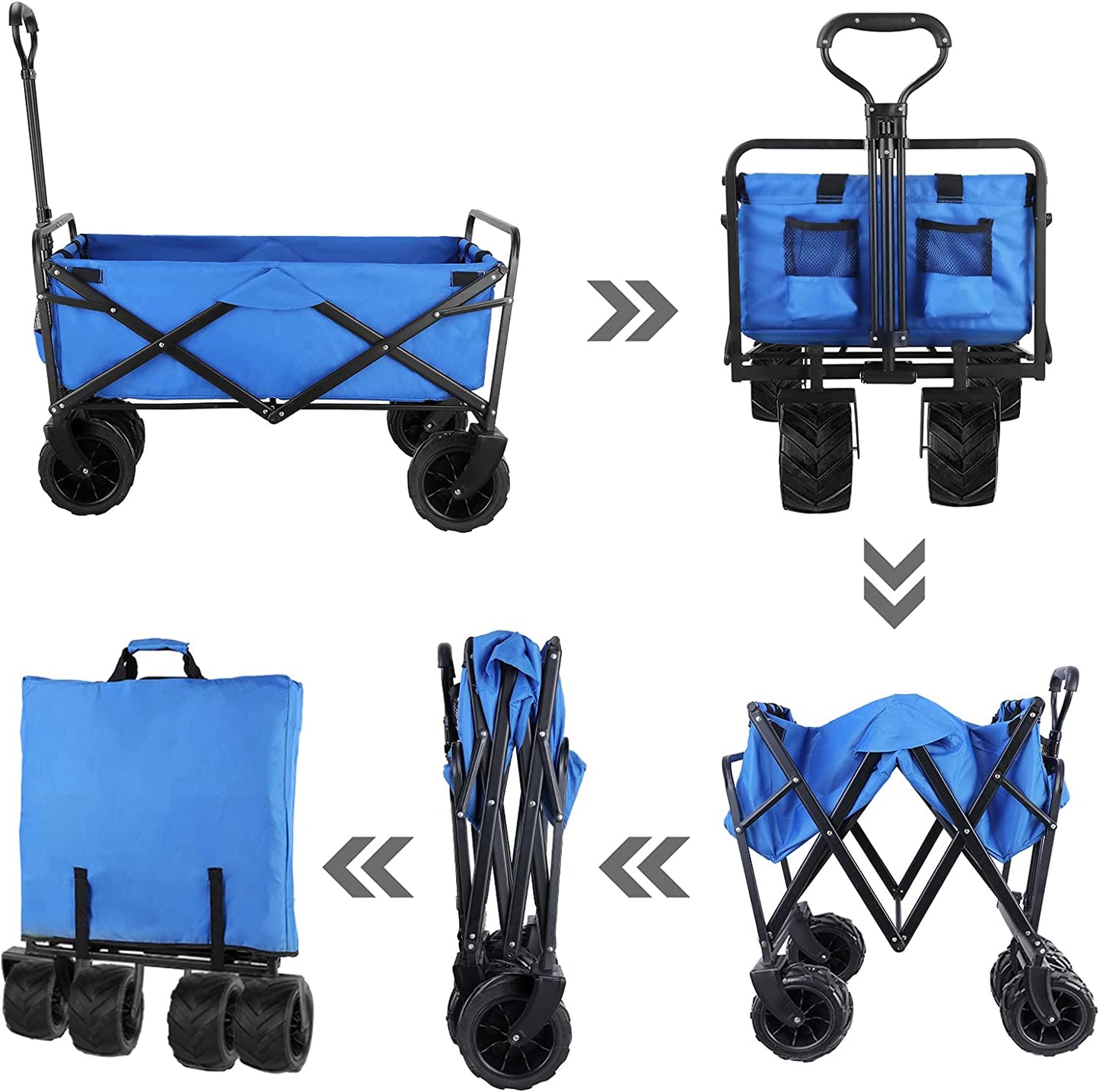 pirecart Heavy Duty Collapsible Wagon, Outdoor Foldable Beach Utility Cart w/ Big Wheels Large Capacity Folding Camping Grocery Cart