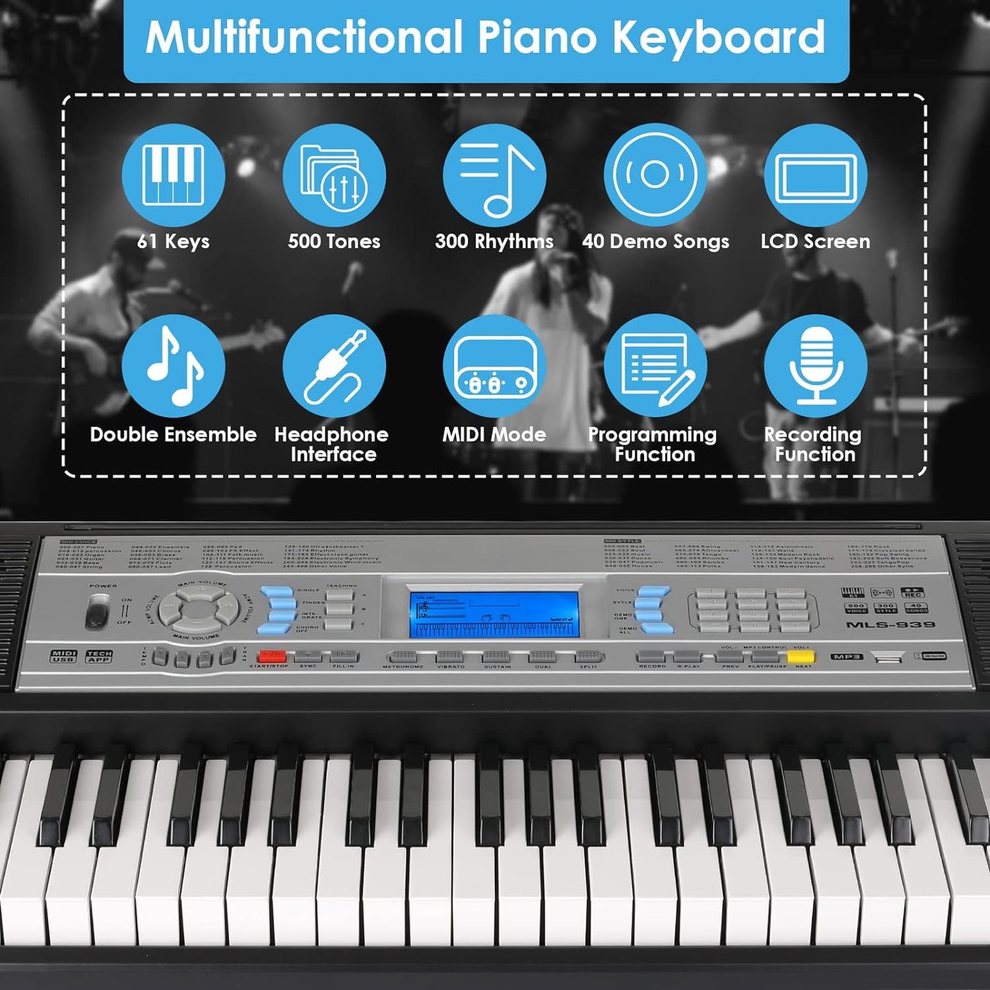 pirecart 61 Key Keyboard Piano Electric Piano Keyboard for Beginners with X-Stand and Stool