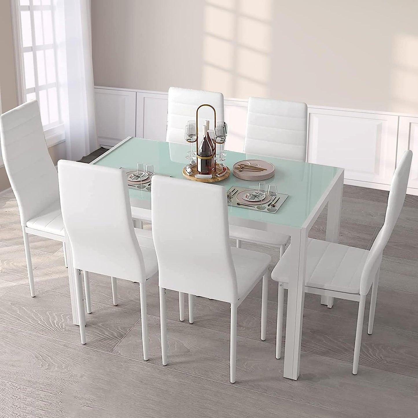 pirecart 7 Pieces Dining Table with 6 PU Leather Chairs with Glass Tabletop