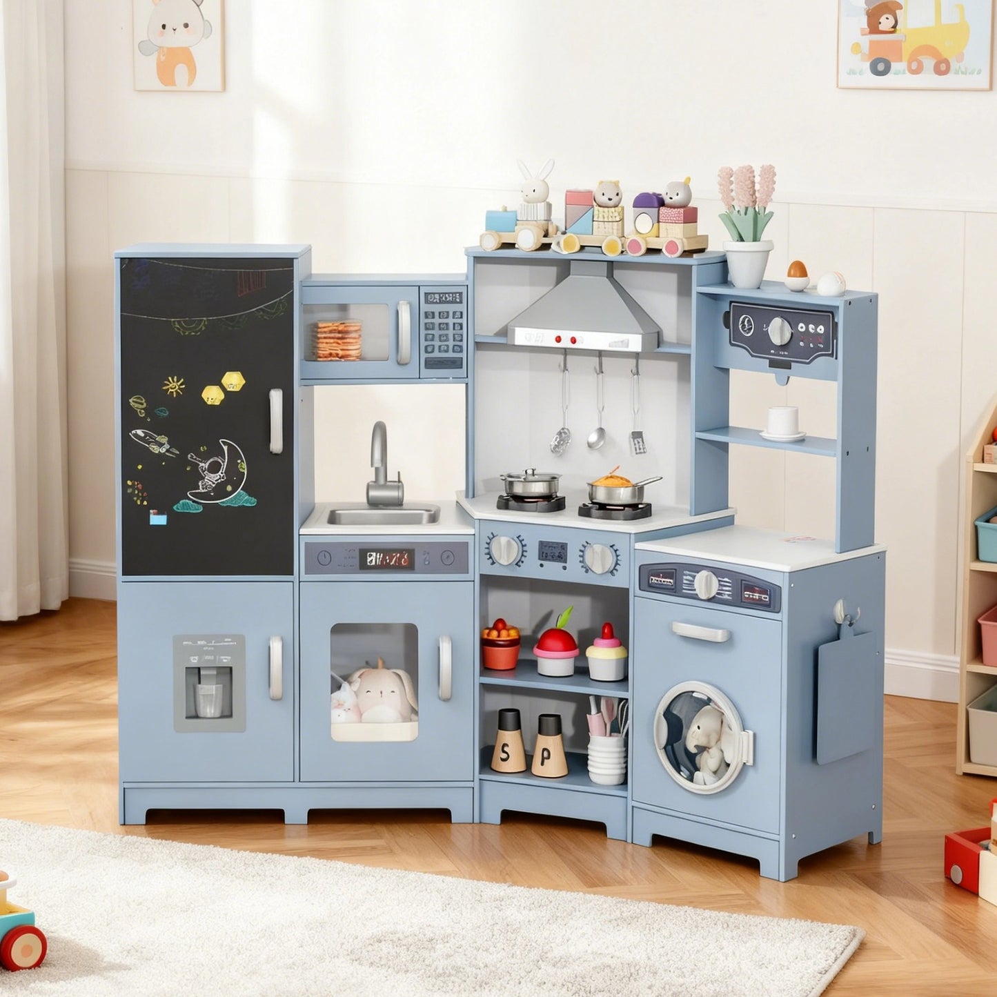 Pirecart Wooden Corner Play Kitchen, Kids Play Kitchen with Blackboard and 6Pcs Cooking Accessories, Toddler Play Kitchen Set with Realistic Sound & Light