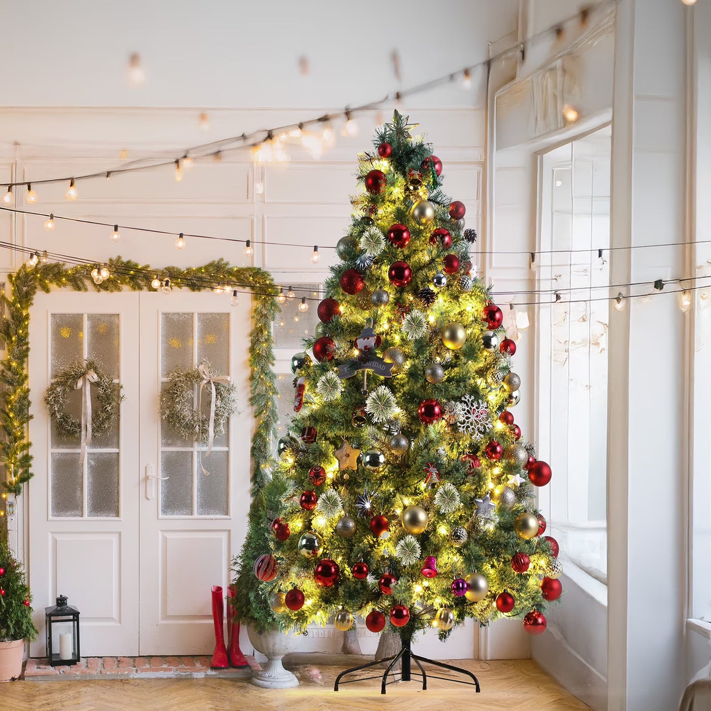 pirecart 6/8/9ft Artificial Holiday Christmas Tree Standing Xmas Tree W/Pre-lighted Decor