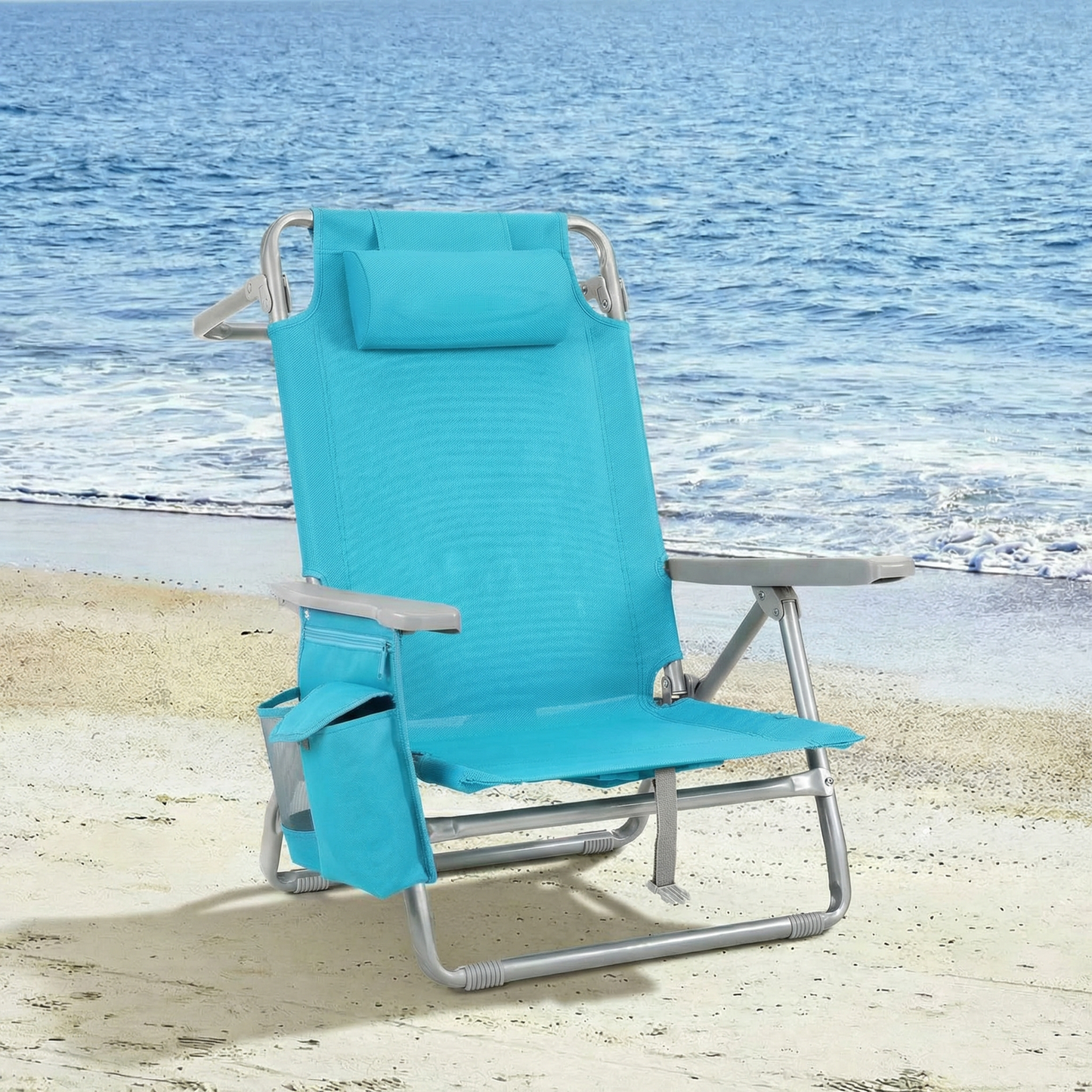 Foldable Beach Chair, 5-Position Lay Flat Reclining Beach Chair W/ Headrest, Storage Bag, Cooler Pouch,Towel Bar, Foot Mat