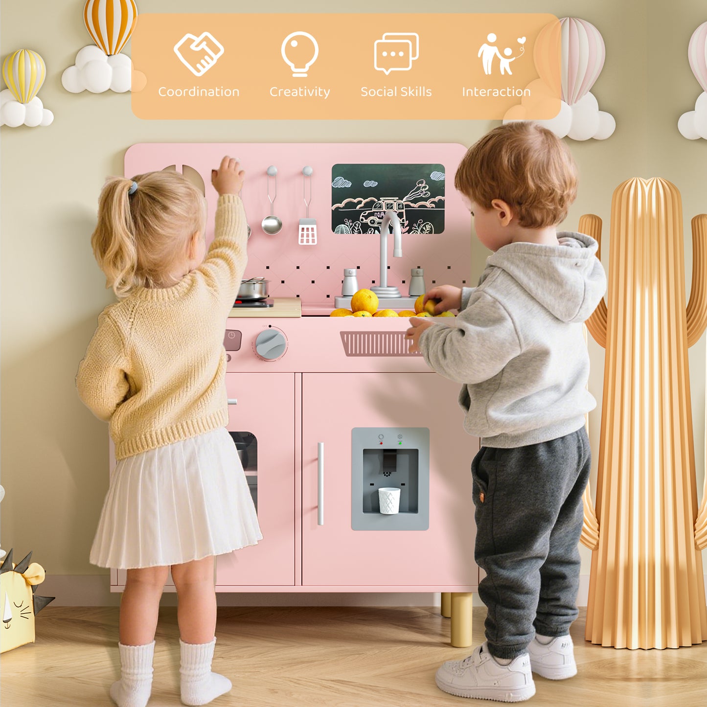 Pirecart Kids Play Kitchen Set, Wooden Kitchen Playset with Real Lights & Sounds, Toddler Pretend Play Kitchen Set with Knob Sounds, Sink, Water Dispenser, 6 Pcs Cookware & Chalkboard Panel