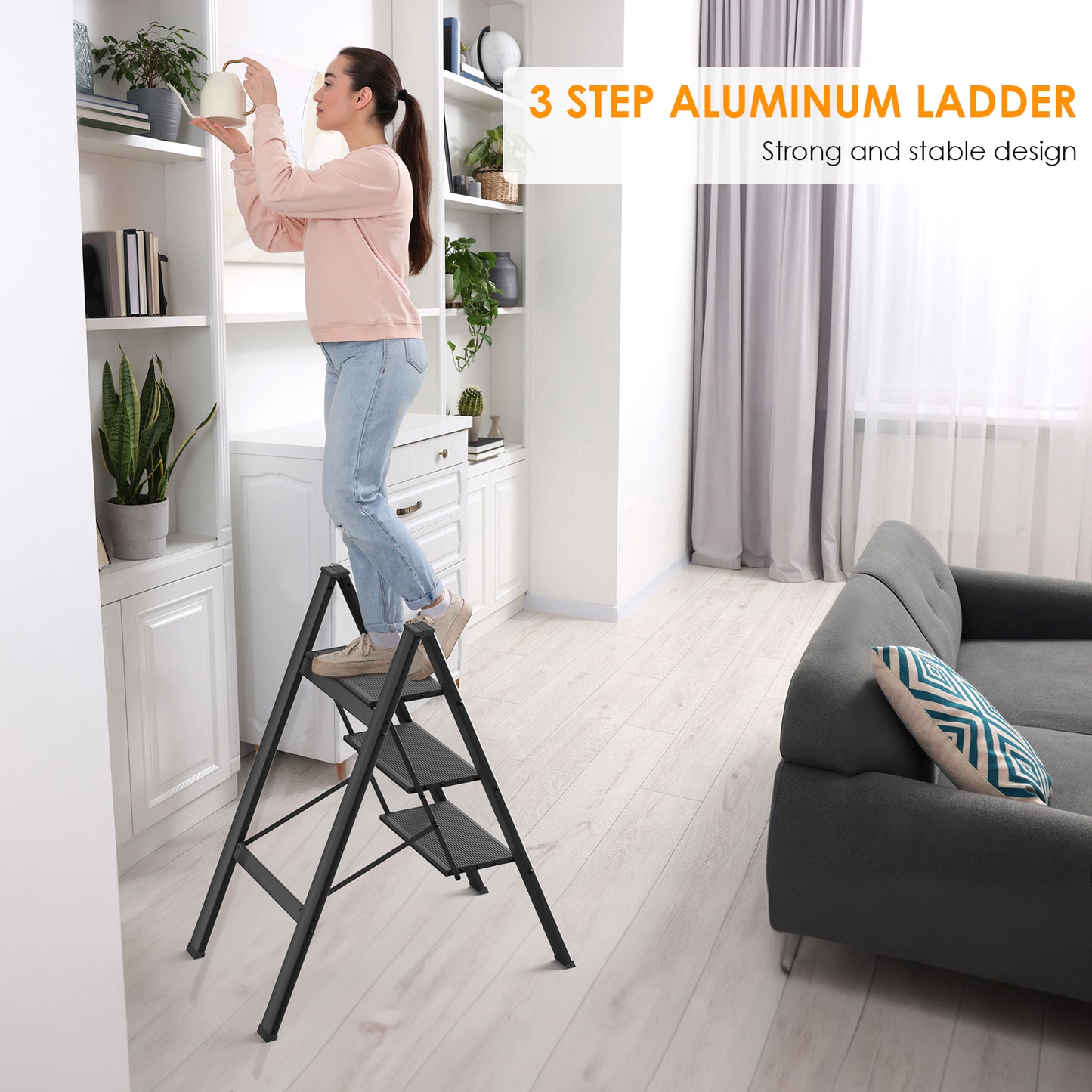 pirecart 3/4 Step Ladder, Aluminum Portable Folding Step Stool with Wide Anti-Slip Pedals