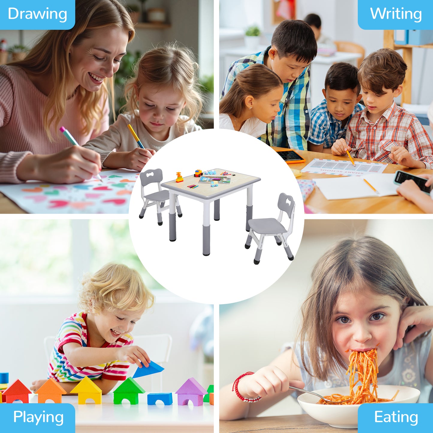 Pirecart Kids Table and 2 Chairs Set, Height Adjustable Children Multi Activity Table and Chair Set, Non-Slip Legs & Graffiti Desktop, for Drawing, Reading, Studying