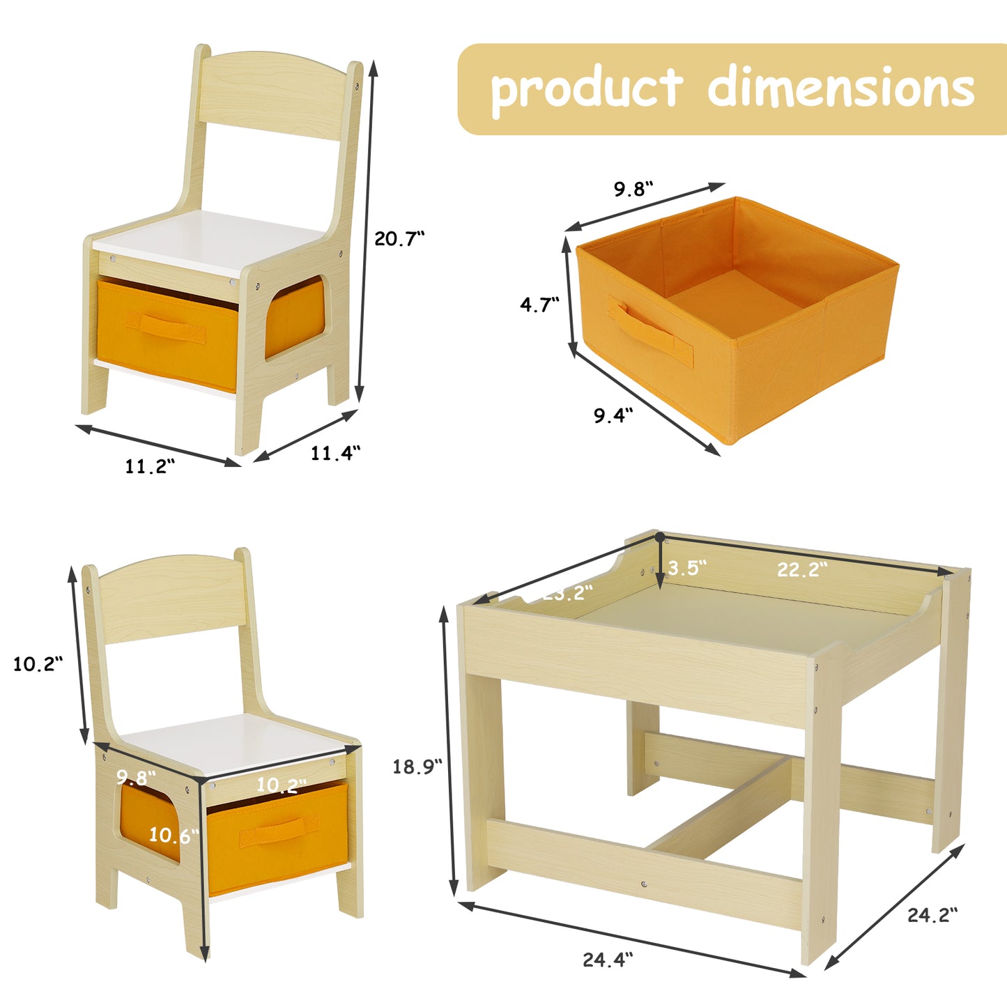 pirecart Kids Wood Table & 2 Chairs Set Children Activity Table with Storage Boxes