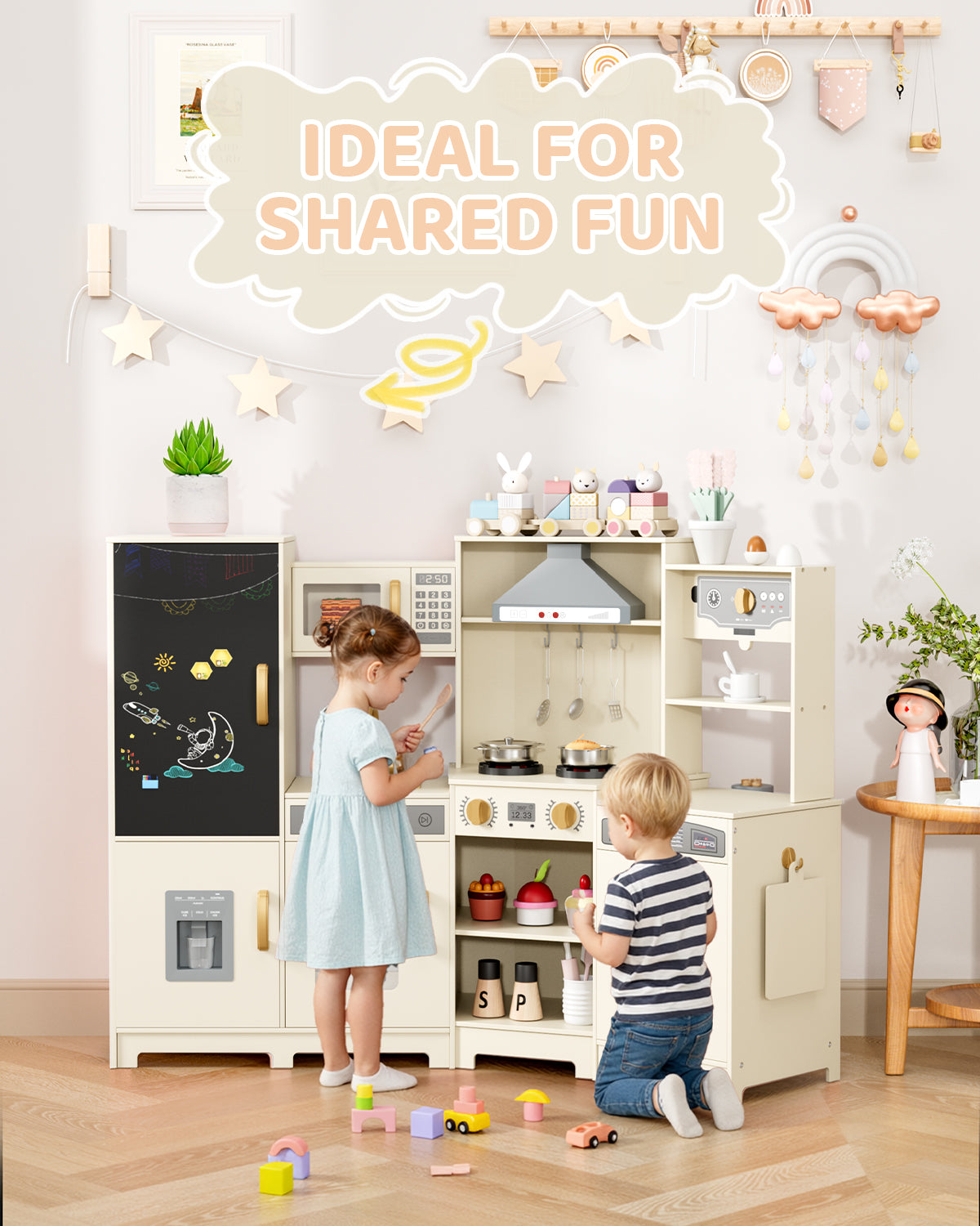 Pirecart Wooden Corner Play Kitchen, Kids Play Kitchen with Blackboard and 6Pcs Cooking Accessories, Toddler Play Kitchen Set with Realistic Sound & Light