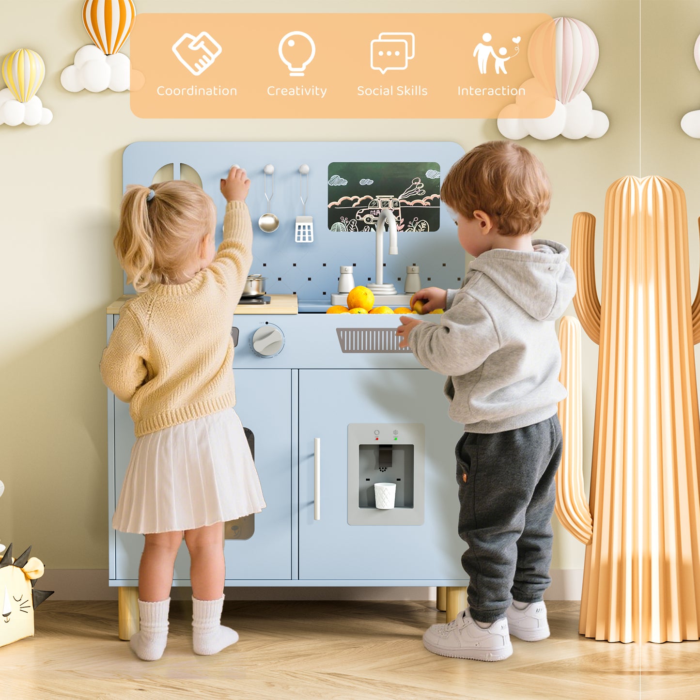 Pirecart Kids Play Kitchen Set, Wooden Kitchen Playset with Real Lights & Sounds, Toddler Pretend Play Kitchen Set with Knob Sounds, Sink, Water Dispenser, 6 Pcs Cookware & Chalkboard Panel