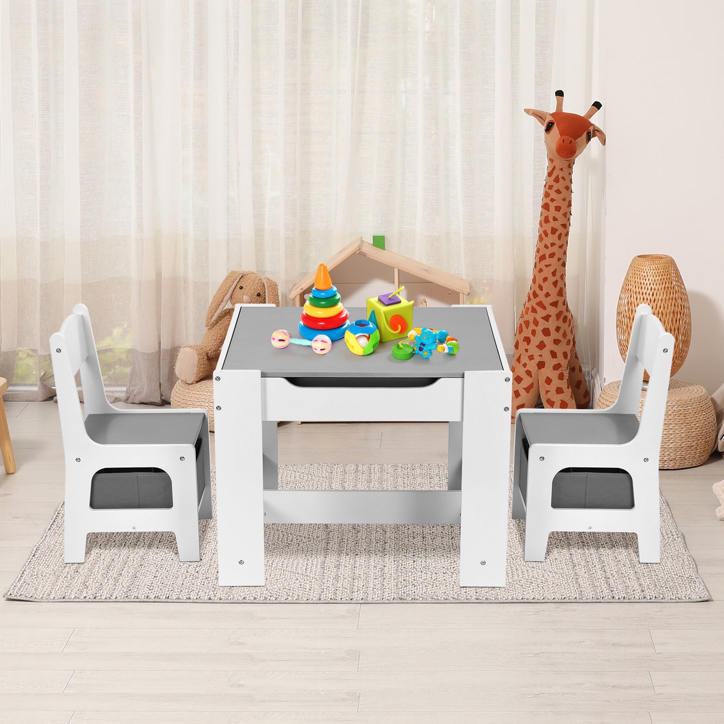 pirecart 3pcs Kids Table Chairs Set With Storage Boxes and Blackboard