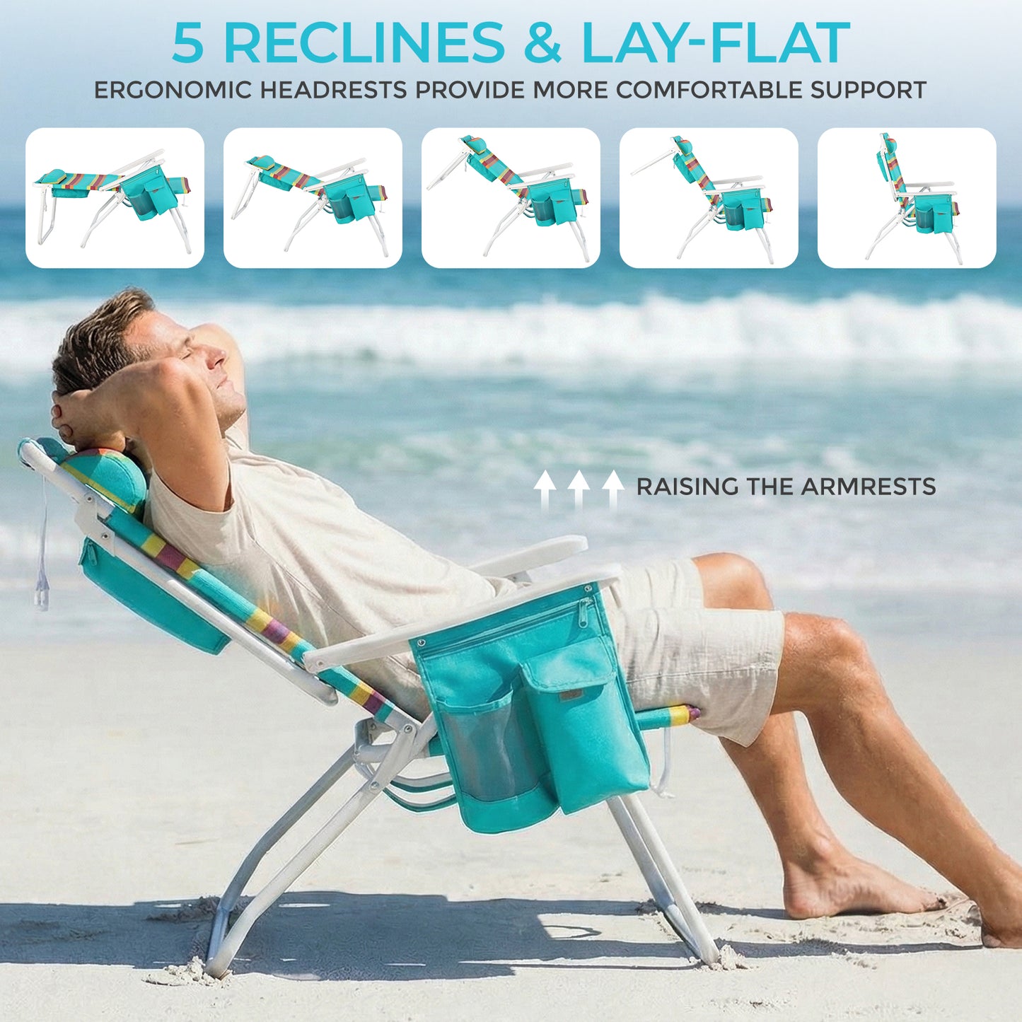 Pirecart Tall Beach Chairs for Adults, Portable Beach Chairs W/ 5-Position Lay Flat & Cooler Pouch, for Beach, Camp, Outdoor