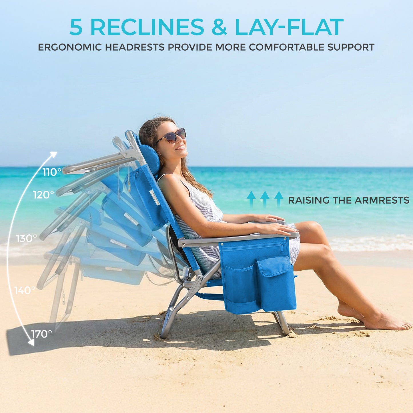 Foldable Beach Chair, 5-Position Lay Flat Reclining Beach Chair W/ Headrest, Storage Bag, Cooler Pouch,Towel Bar, Foot Mat
