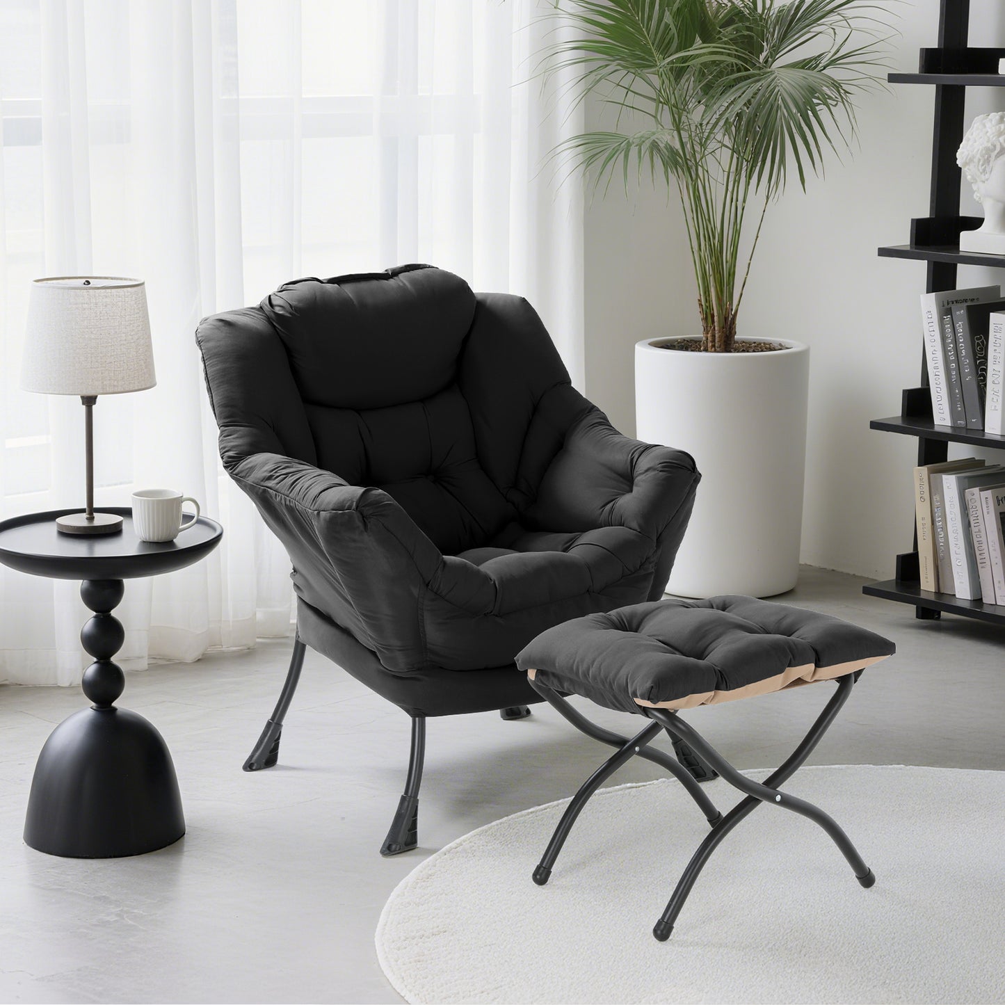 Pirecart Fabric Lazy Chair with Foldable Ottoman and Side Pocket, Large Comfy Chair with Footstool Set Reading Chair Leisure Sofa Chair for Bedroom, Living Room