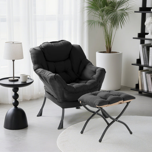 Pirecart Fabric Lazy Chair with Foldable Ottoman and Side Pocket, Large Comfy Chair with Footstool Set Reading Chair Leisure Sofa Chair for Bedroom, Living Room