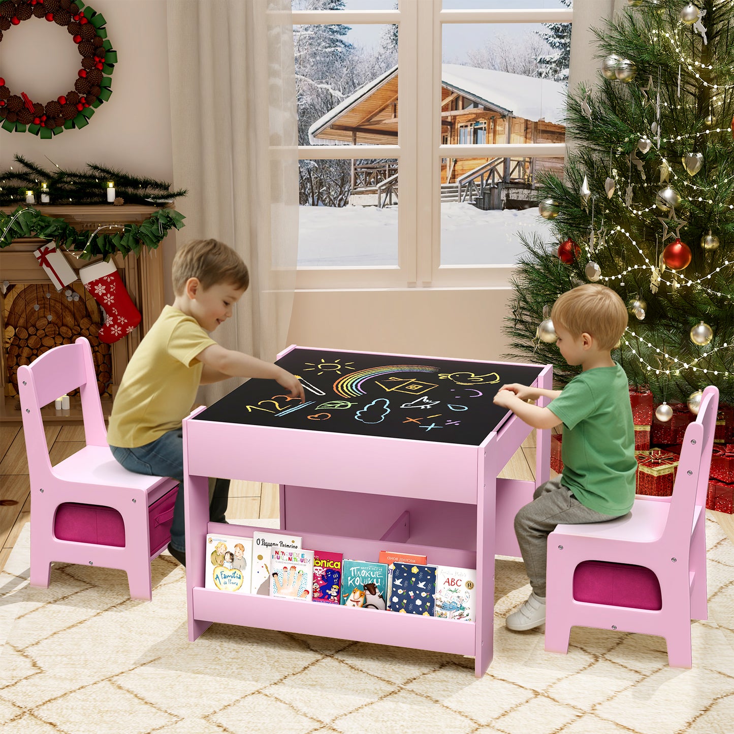 Pirecart Kids Table and Chair Set, 4 in 1 Wooden Art Table with Reversible Tabletop, Blackboard, Storage Drawer, Kids Activity Table Set for Drawing, Playing, Learning