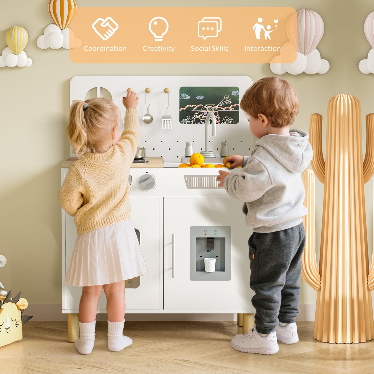 Pirecart Kids Play Kitchen Set, Wooden Kitchen Playset with Real Lights & Sounds, Toddler Pretend Play Kitchen Set with Knob Sounds, Sink, Water Dispenser, 6 Pcs Cookware & Chalkboard Panel