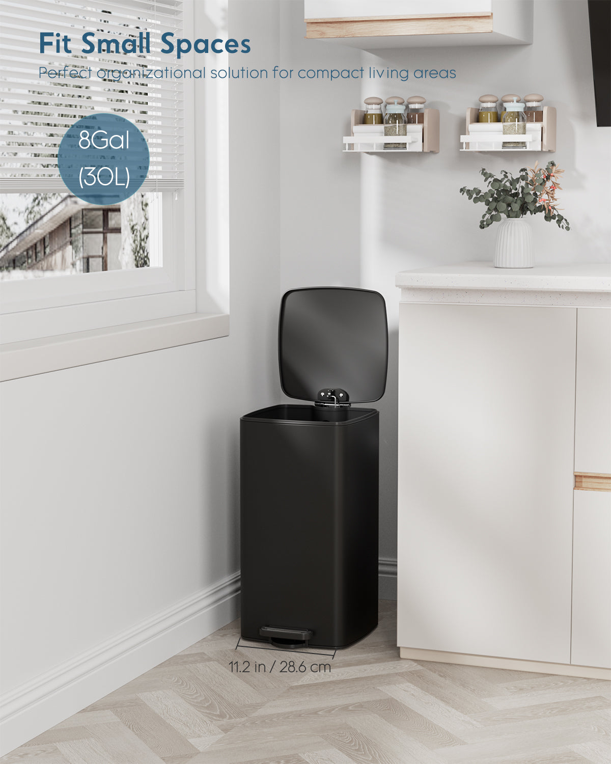 Pirecart 8 gal Trash Can, Stainless Steel Square Garbage Can with Soft-Close Lid & Removable Bucket, Fingerprint-Proof Step Garbage Bin for Kitchen, Living Room