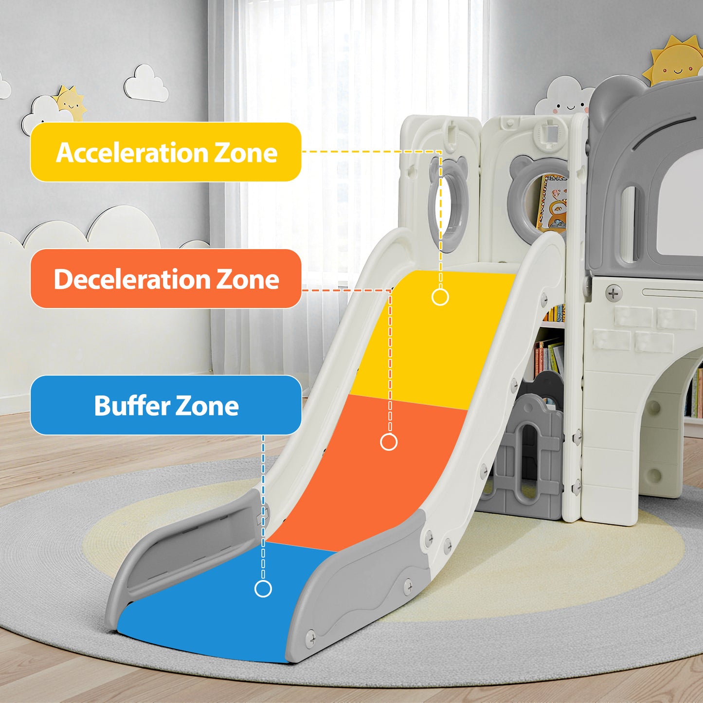 Pirecart 10-in-1 Kids Slide, Indoor Outdoor Toddler Slide Playground with Drawing Board, Basketball Hoop, Tunnel & Storage for Playroom, Kindergarten, Backyard, Gift for Children Age 3+