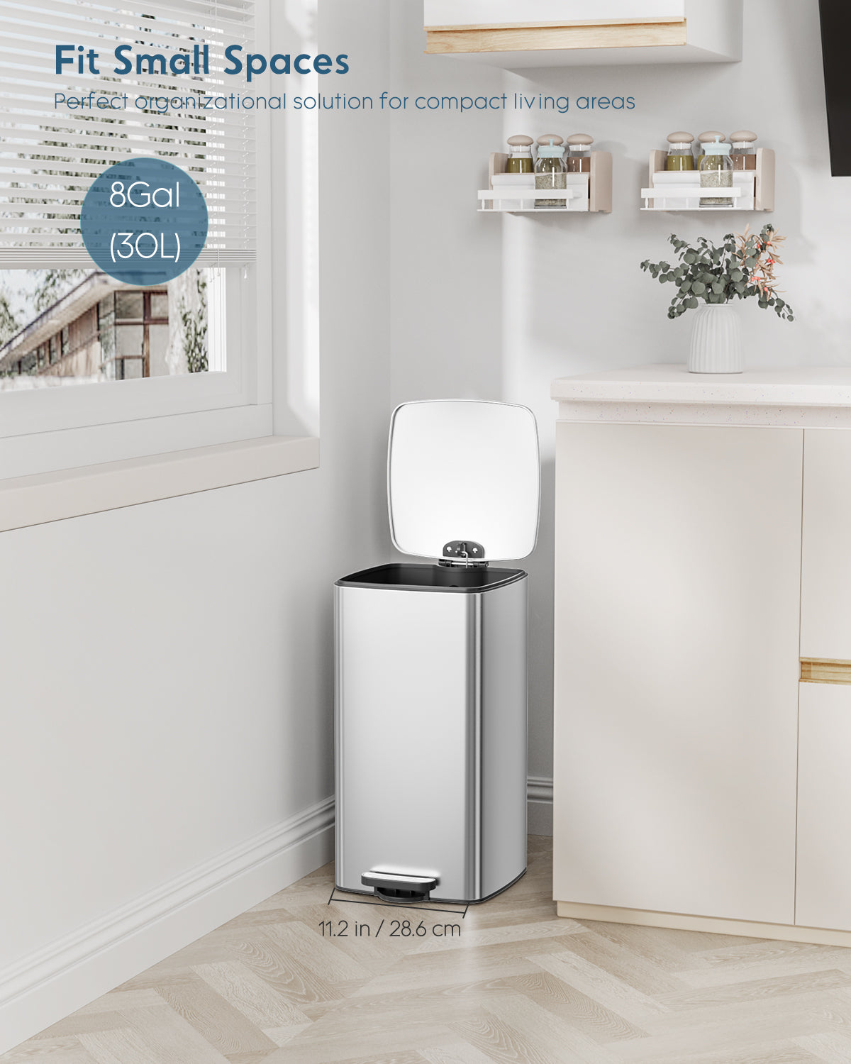 Pirecart 8 gal Trash Can, Stainless Steel Square Garbage Can with Soft-Close Lid & Removable Bucket, Fingerprint-Proof Step Garbage Bin for Kitchen, Living Room