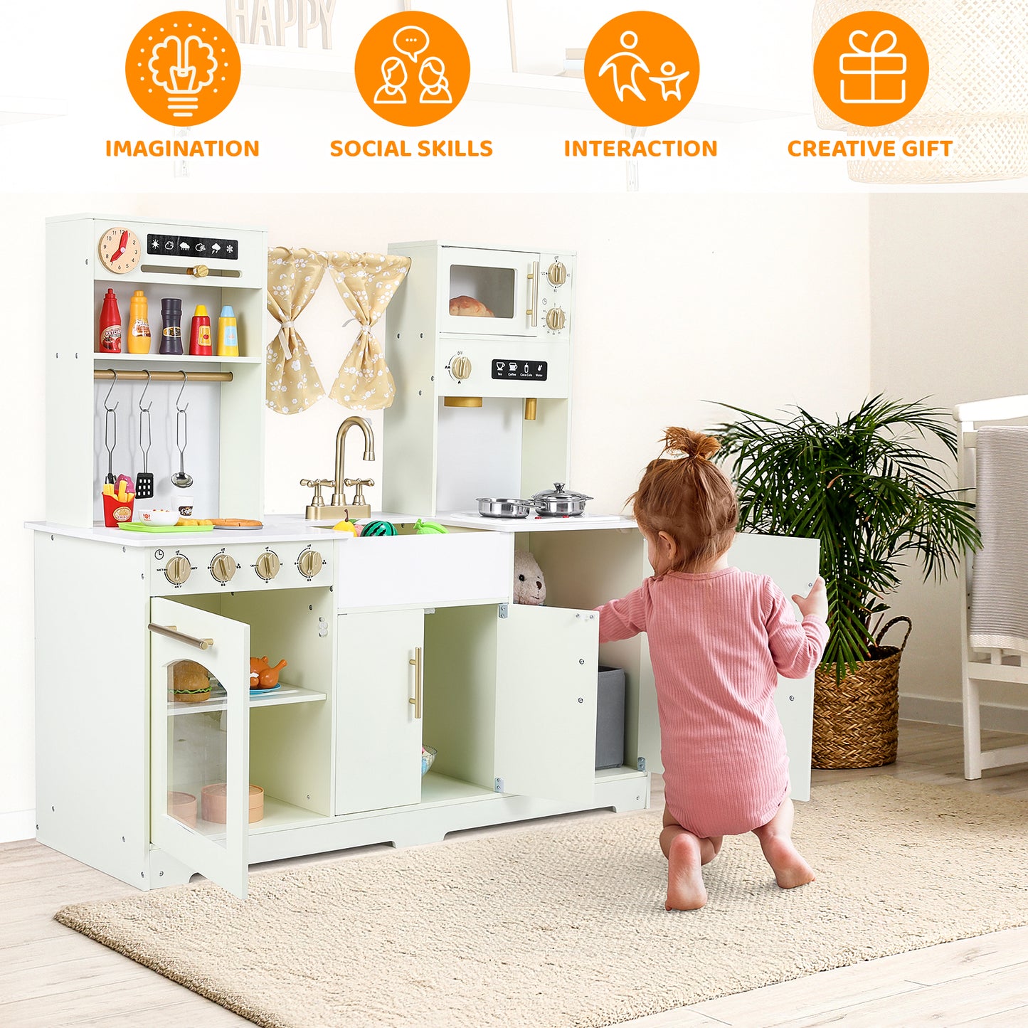 pirecart Kids Play Kitchen, Wooden Pretend Toy Kitchen, Toodler Cooking Playset w/Stove, Sink, Microwave, Water Dispenser, Curtain