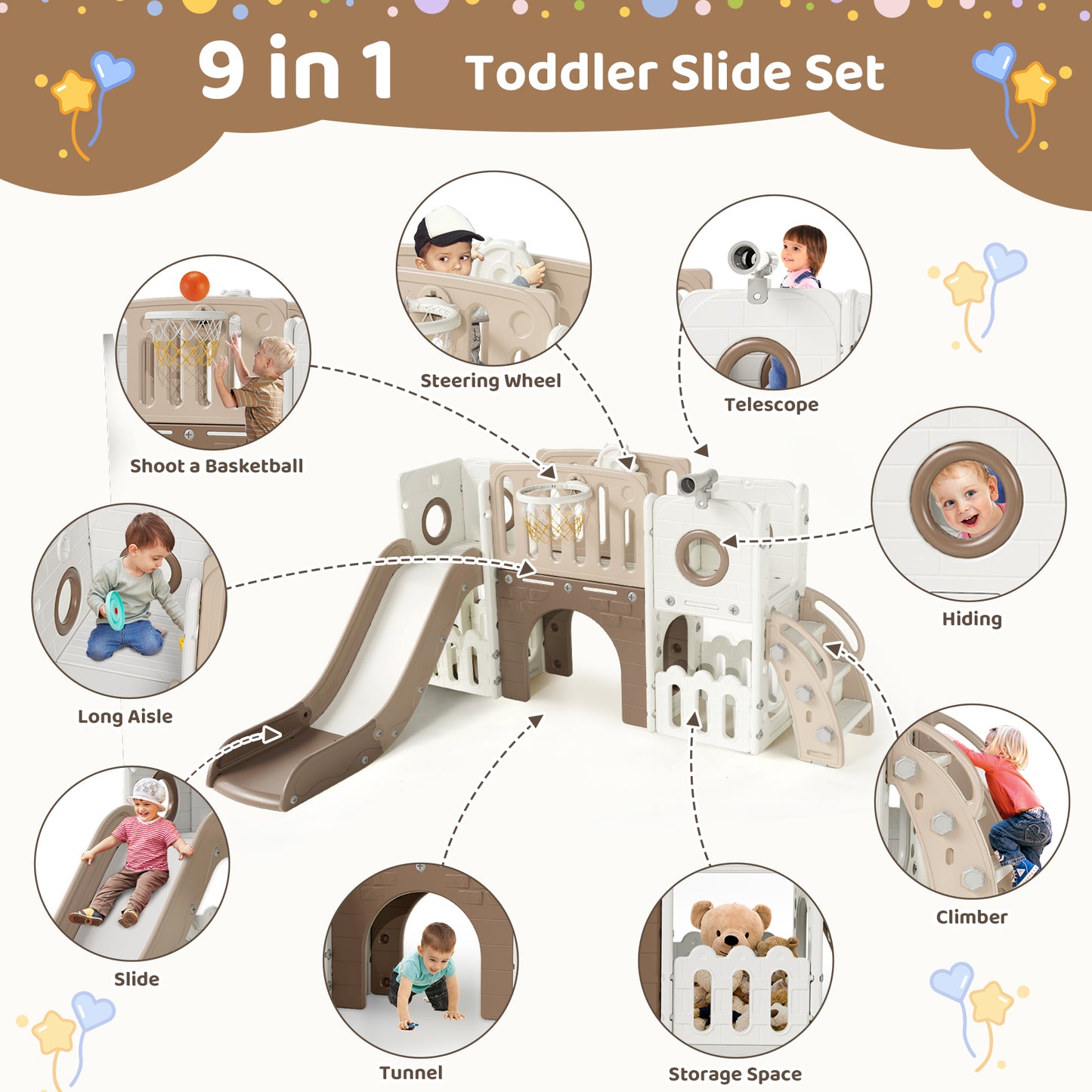 Pirecart Large Toddler Slide, Indoor Outdoor Kids Climber Playset with Basketball Hoop, Storage Space, Tunnel for Boys and Girls