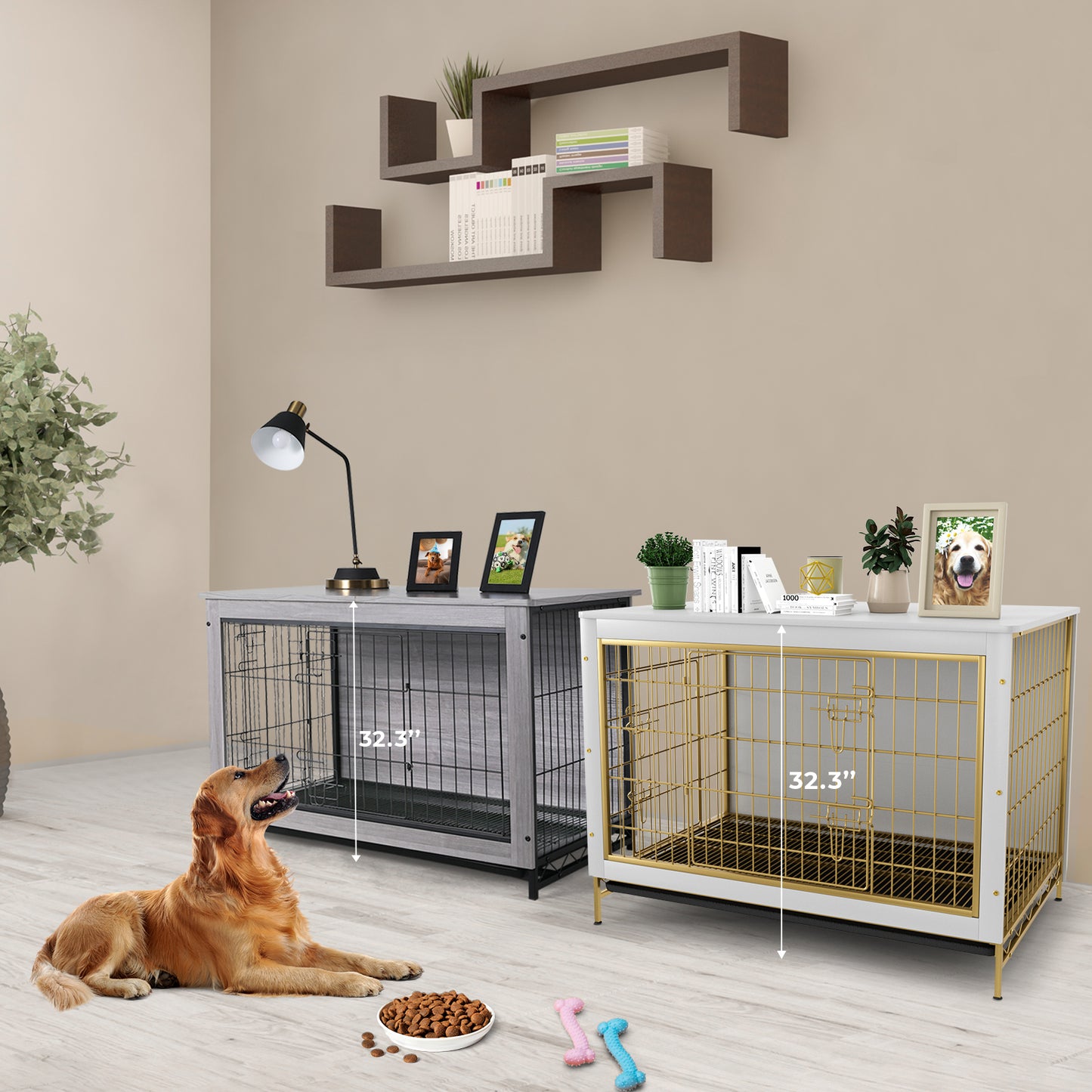 pirecart 44.1in Dog Crate Furniture Wooden Side End Table, Modern Dog Kennel with Double Doors