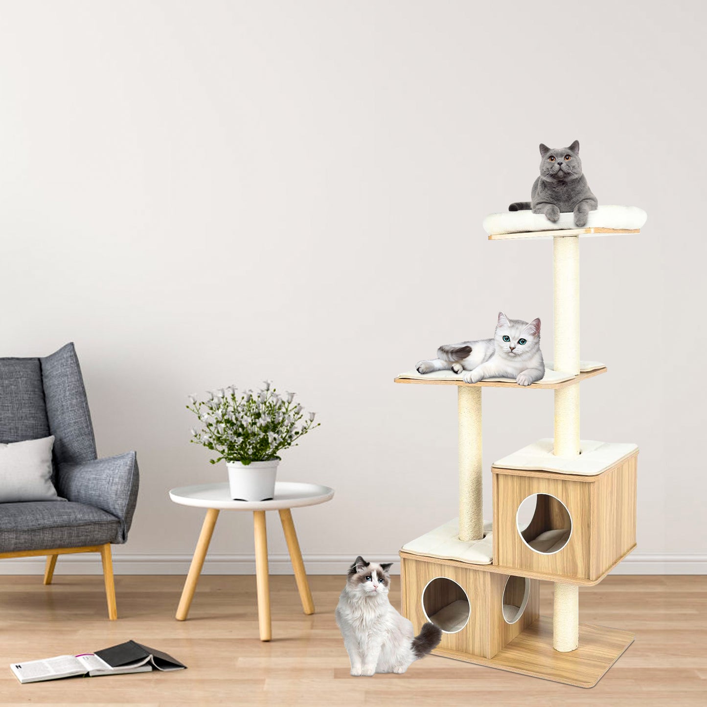 pirecart 54in Wooden Cat Tree Tower, Cat Climbing Stand House with Sisal Scratching Post