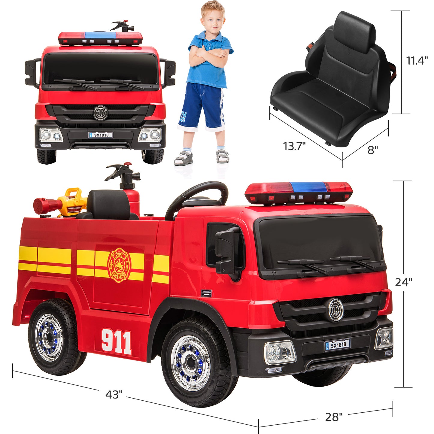 pirecart Ride On Fire Truck 12 Volt Battery Powered Fire Car Toy with Remote Control