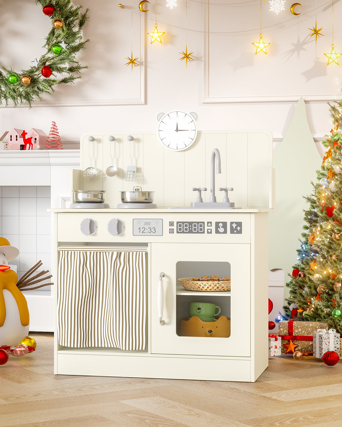 Pirecart Kids Play Kitchen with Ample Storage and Cooking Accessories, Toddler Kitchen Playset with Simulated Gas Tray, Clicking Knobs, Sink, Faucet