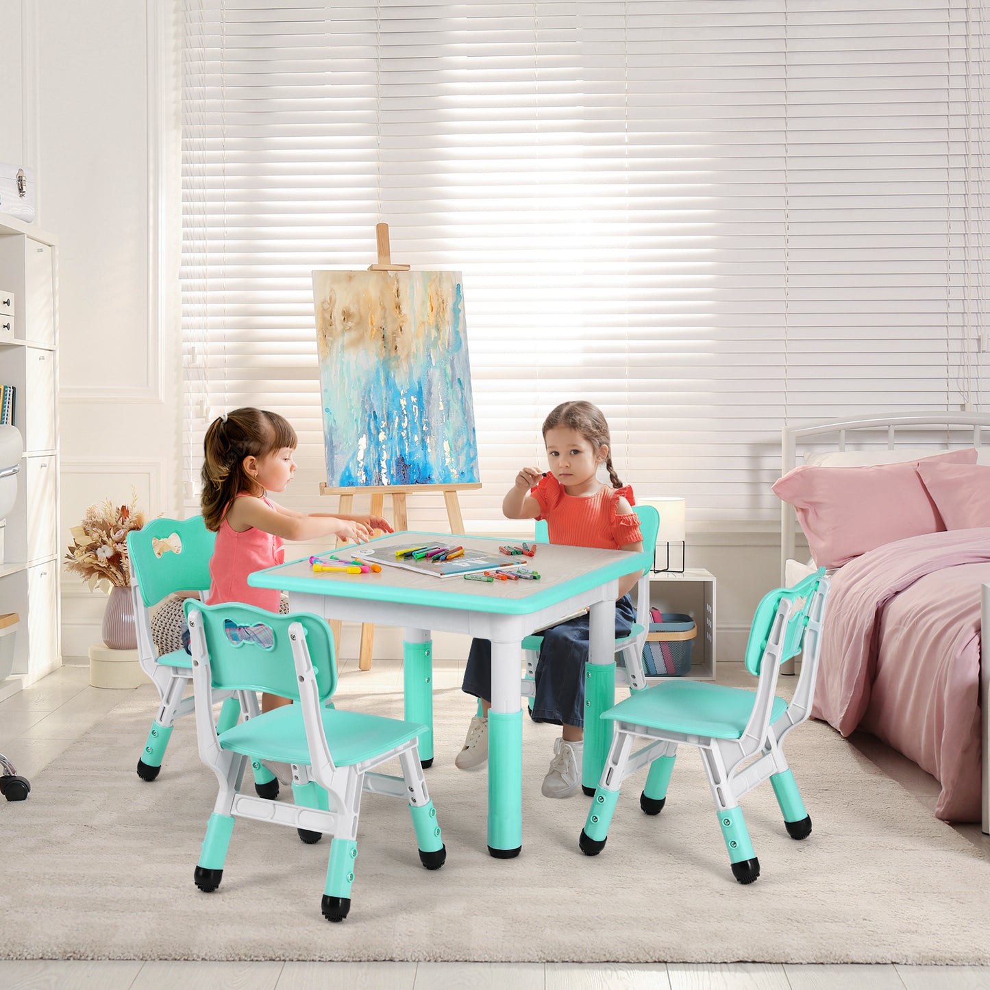 pirecart Kids Study Table and 4 Chair Set, Height Adjustable Toddler Table and Chair Set