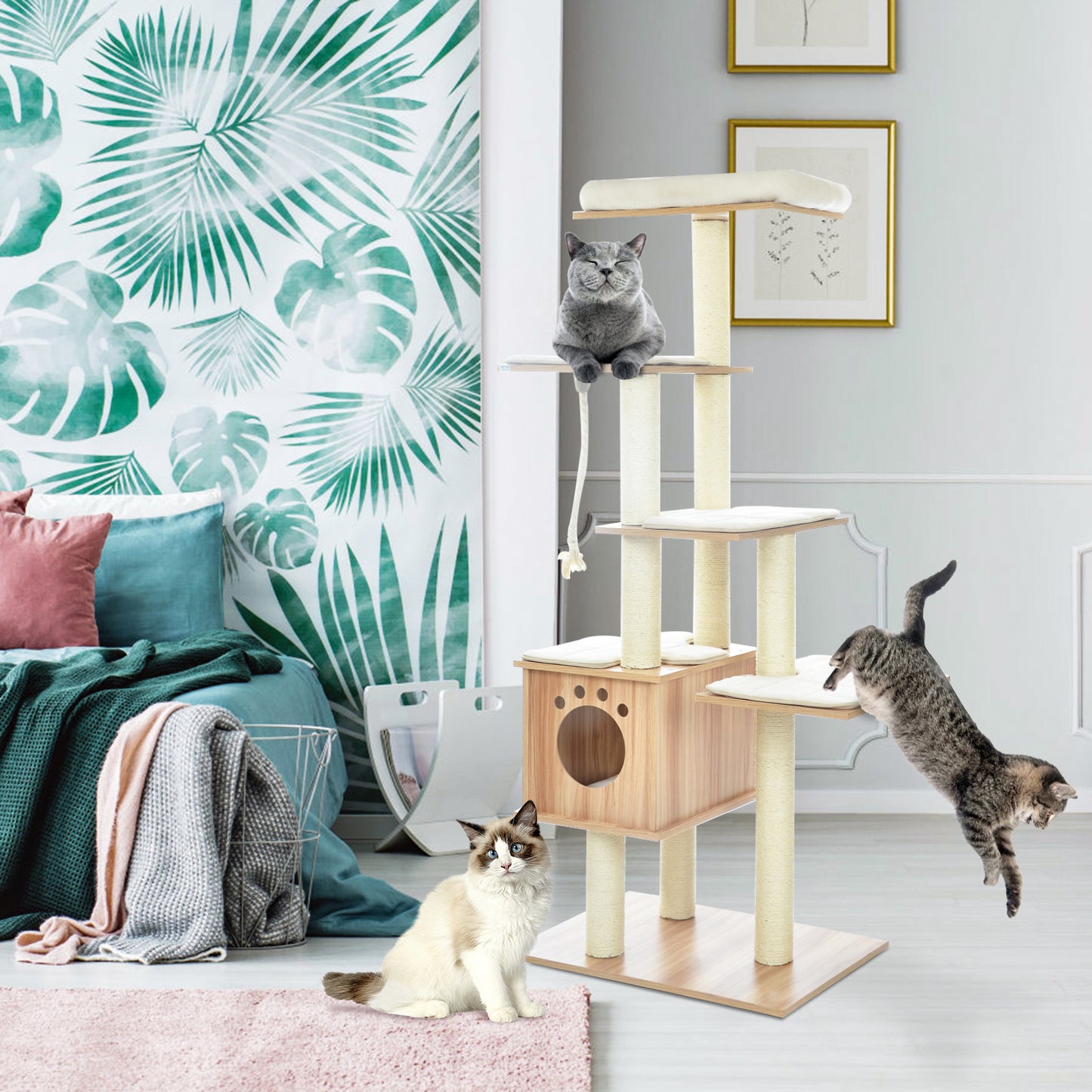 pirecart 67" Modern Wooden Cat Tree Tower, Cat Condo Furniture with Multi-Layer Platform