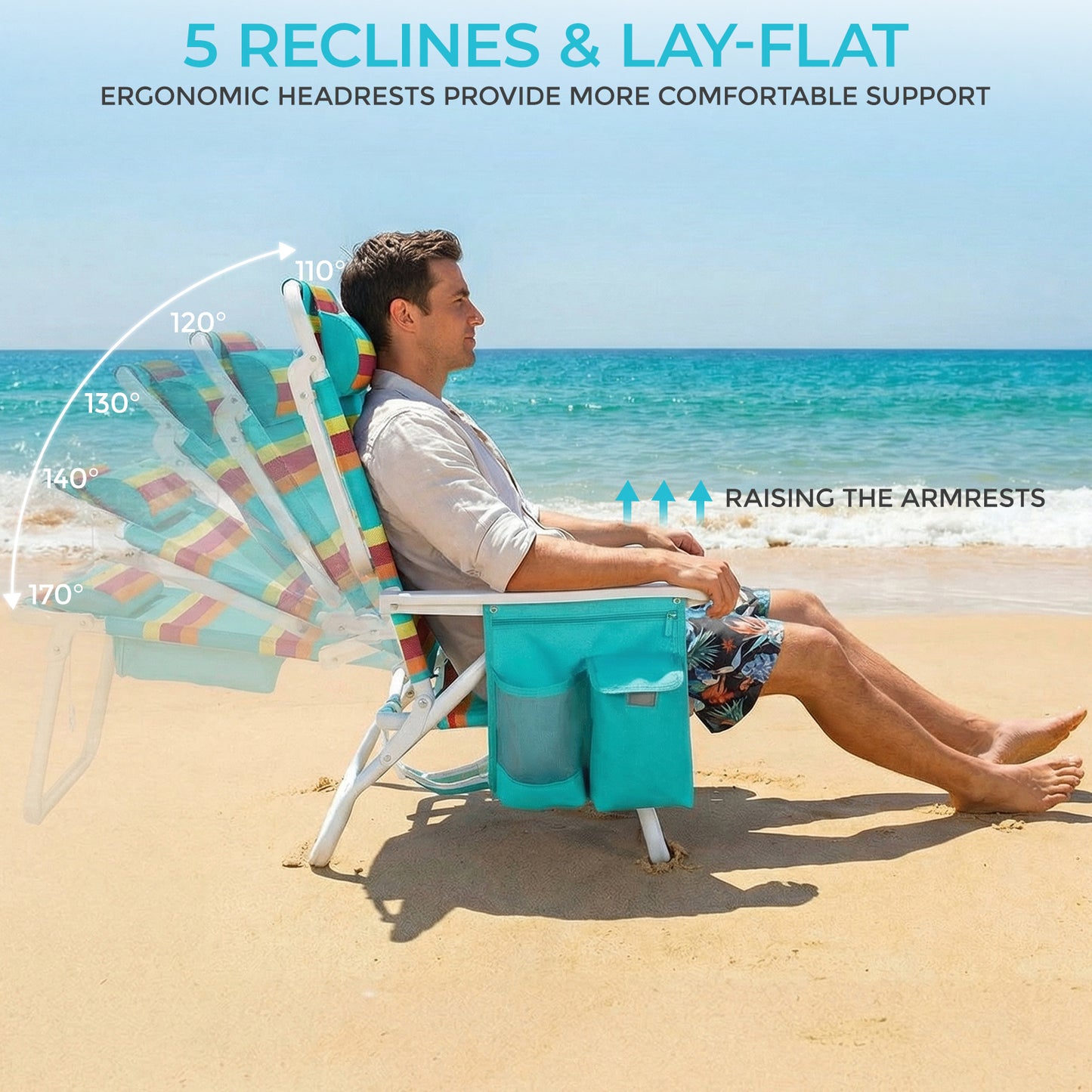 Foldable Beach Chair, 5-Position Lay Flat Reclining Beach Chair W/ Headrest, Storage Bag, Cooler Pouch,Towel Bar, Foot Mat