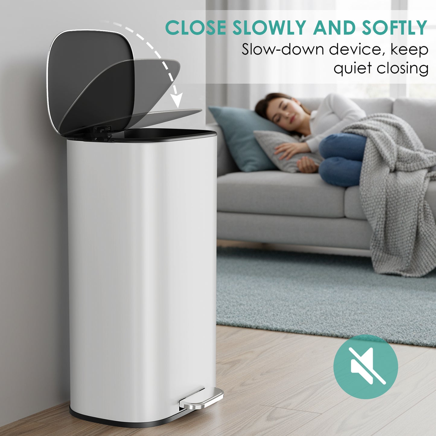 Pirecart Stainless Steel Trash Can, 8 Gal Oval Garbage Can W/ Slow-Closing Lid & Removable Inner Bucket, Foot-operated Soft Lid Trash Can for kitchen, Home, Office